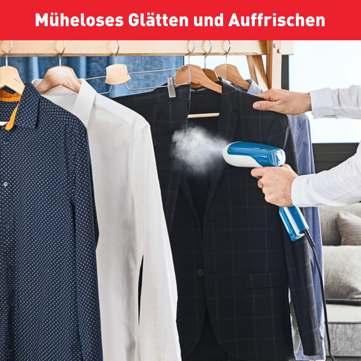 Tefal Access Steam First Garment Steamer, lightweight design, 15 seconds heating time, 1300 W, continuous steam output of 20 g/min, germ-killing, 70ml water tank, dimensions 18.4 x 10.6 x 30cm, steamer, white/blue, model DT6130.