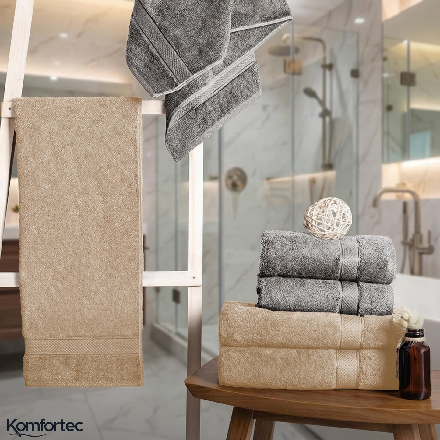 Komfortec set of 8 towels, 4 bath towels 70x140 cm & 4 hand towels 50x100 cm, 100% cotton terry cloth, fluffy and absorbent, anthracite/beige - 4er-50x100-und-4er-70x140-anth-beige