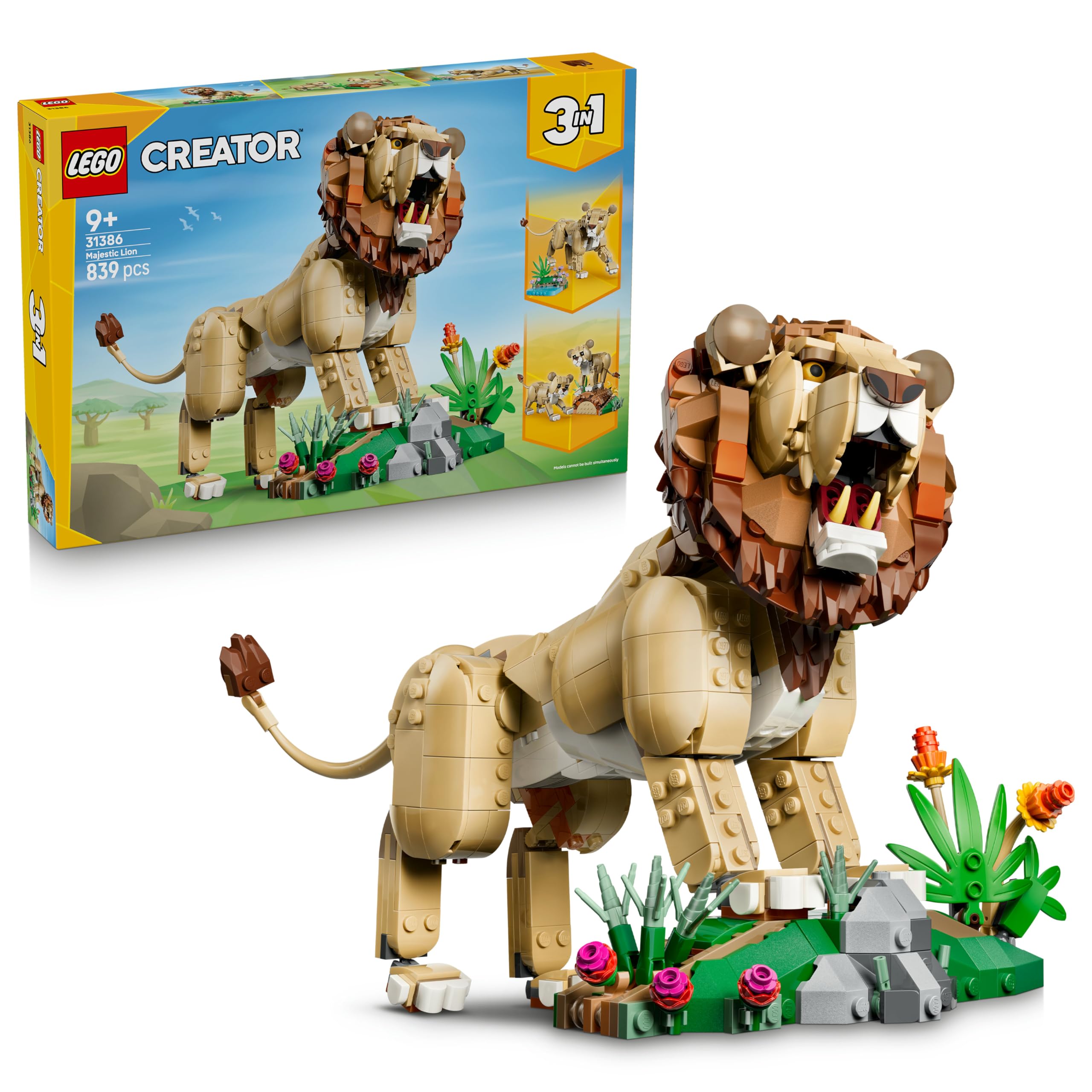 LEGO Creator 3-in-1 set Wild Animals: Majestic Lion - building set for children aged 9 and up - lion, lioness or 2 lion cubs to build, play and display - gift - 31386