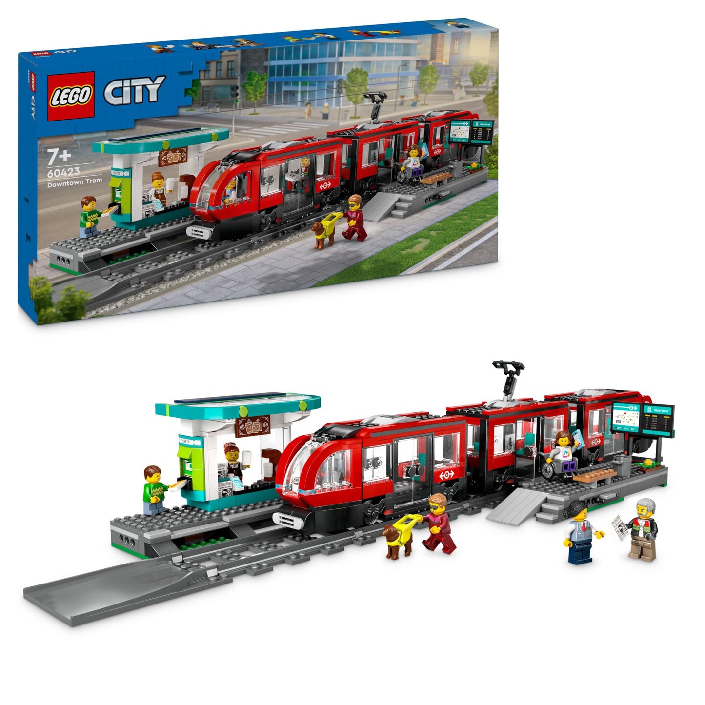 LEGO City tram with stop, gift idea for fans of vehicle toys aged 7 and over, with 6 minifigures and a guide dog for role play, building toy 60423