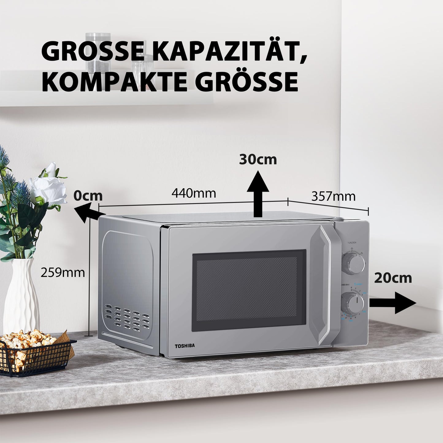 Toshiba solo microwave 20L MW2-MM20PF(SL), freestanding microwave, 800W, 5 power levels with practical defrost function, LED lighting in the interior, silver