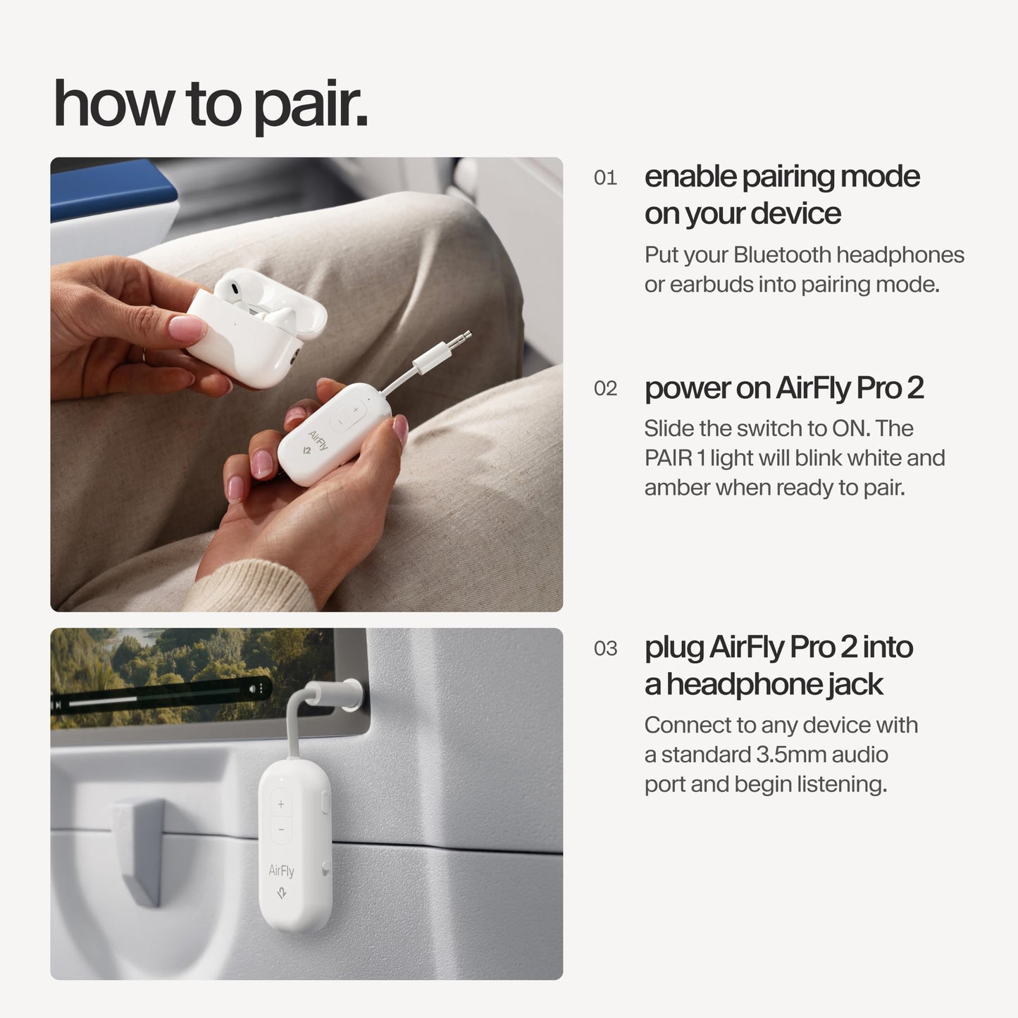 AirFly Pro 2 - Airplane Bluetooth Adapter Pairing 2 AirPods or Wireless Headphones - 3.5mm AUX Bluetooth Transmitter and Receiver for Cars, Boats, Treadmills, TVs and More - TS-2411