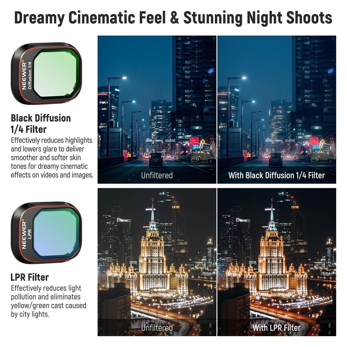 NEEWER filter set compatible with DJI Mini 4 Pro, ND8/16/32/64/128/256/1000, ND8/PL, ND16/PL, ND32/PL, ND64/PL, LPR, CPL, Black Diffusion 1/4 filter for a cinematic fog effect, FL-B05 - 10105745