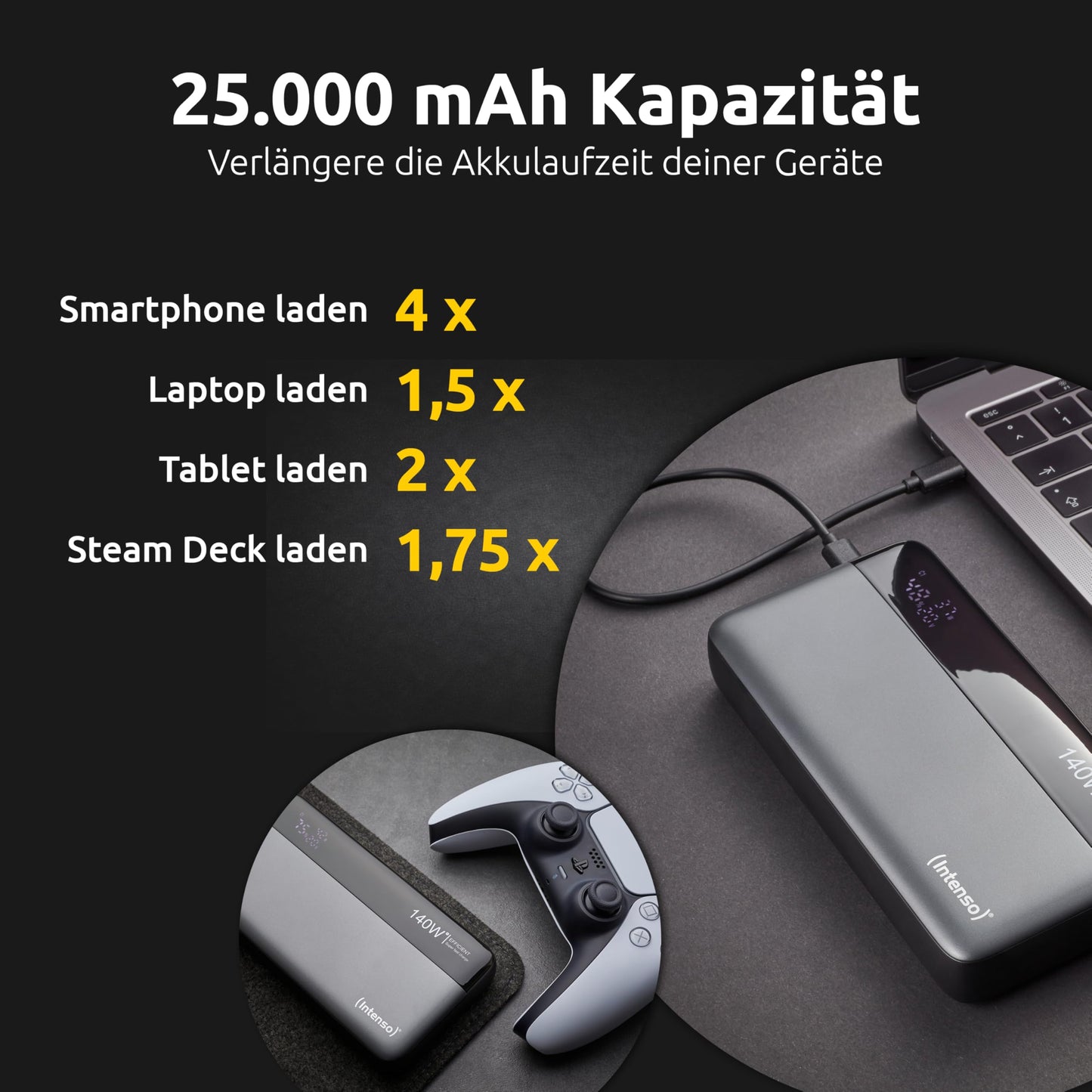 Intenso Powerbank HE25000 140W Power Delivery, 25000mAh external battery, fast charging for MacBook, iPhone, Samsung Galaxy, iPad - USB-C cable & transport bag included - 7350060
