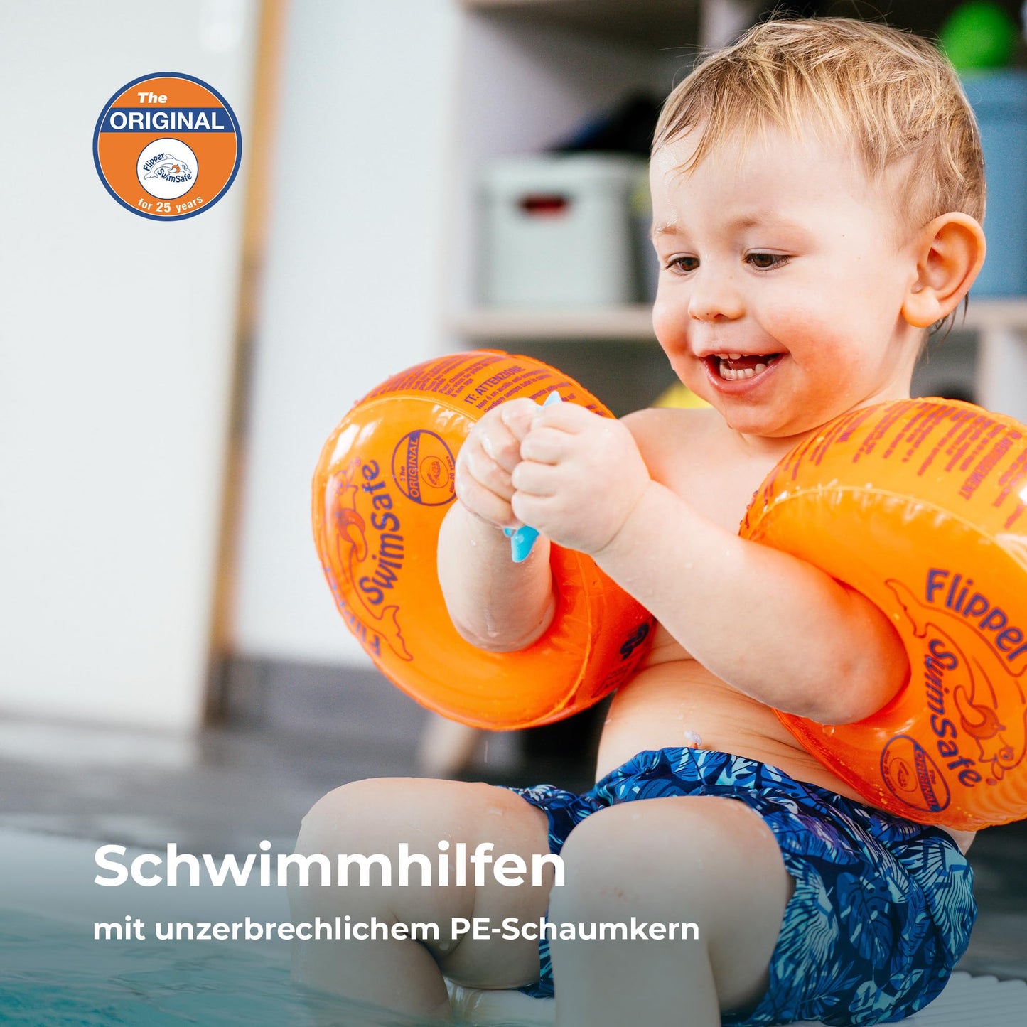 Flipper SwimSafe 1024 - swimming aid for babies aged 1 year and over, water wings with unbreakable PE foam core, including dolphin toy, orange