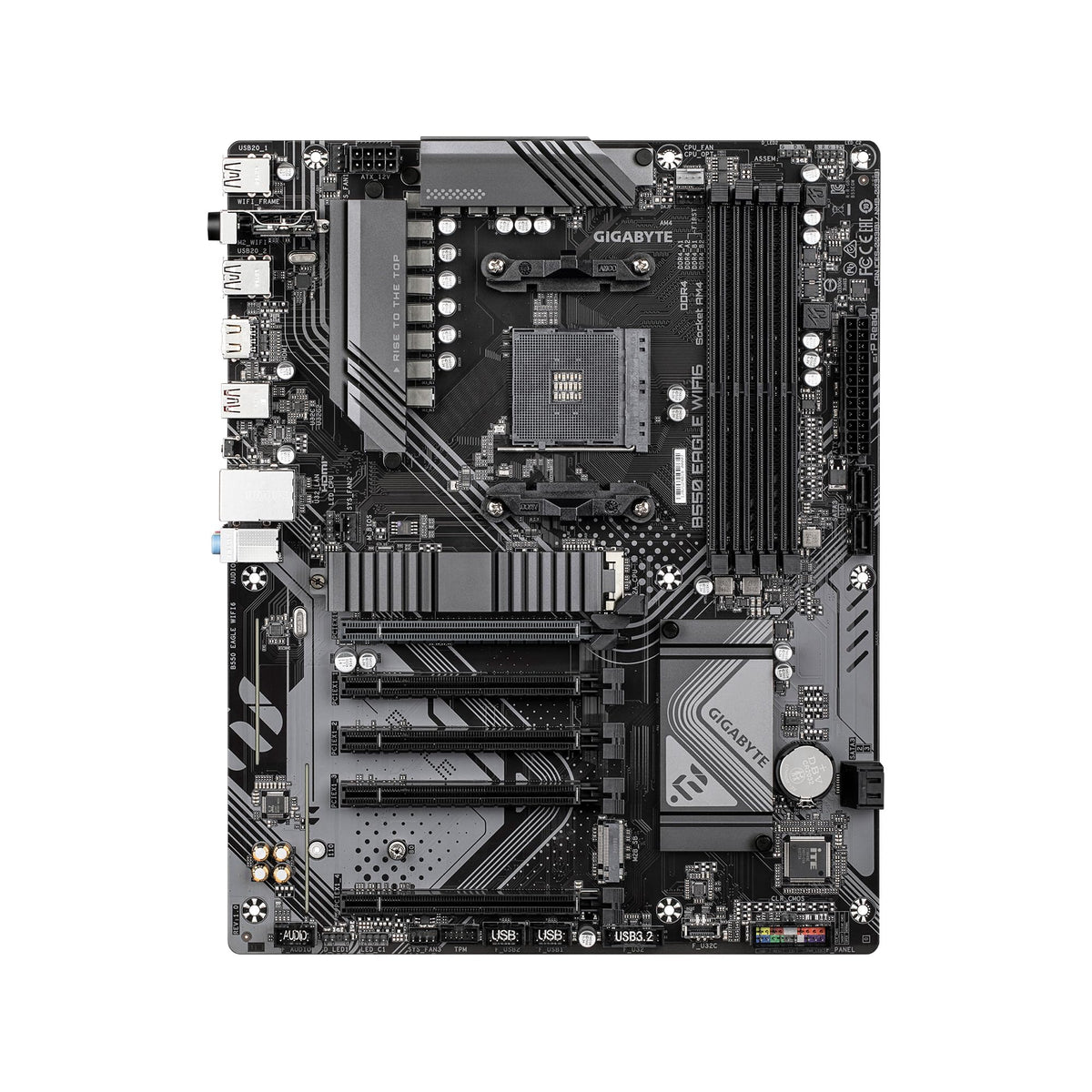 GIGABYTE B550 Eagle WIFI6 Mainboard – Compatible with AMD Ryzen 5000 G-Series CPUs, featuring a 10+3+1 phase VRM, supports up to 3200 MHz DDR4, includes 1x PCIe 4.0 and 1x PCIe 3.0 M.2 slots, 1GbE LAN, WiFi 6, and USB 3.2 Gen 2.