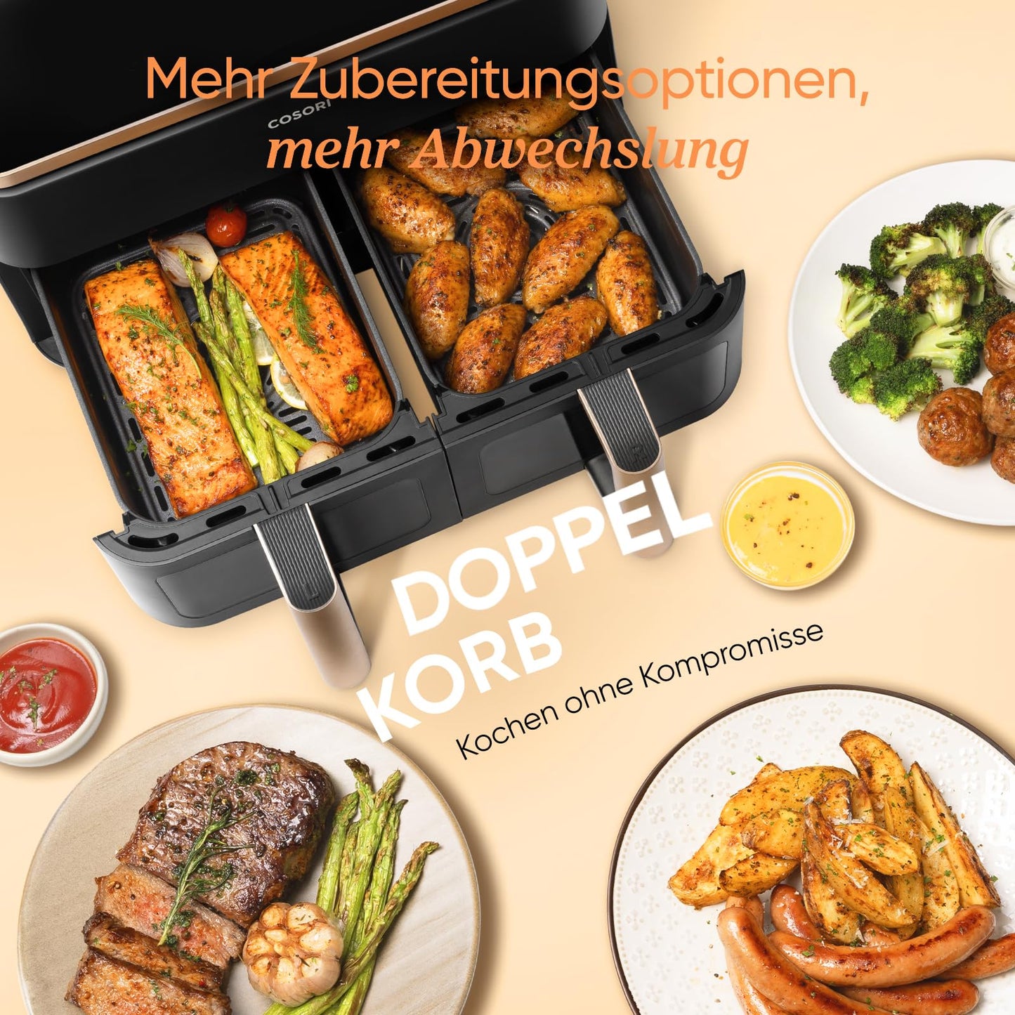 Cosori Airfryer | Test winner from Stiftung Warentest | 8.5L hot air fryer 2 chambers | Hot air fryer with viewing window | NTC technology for precise temperature control | Gold | R903
