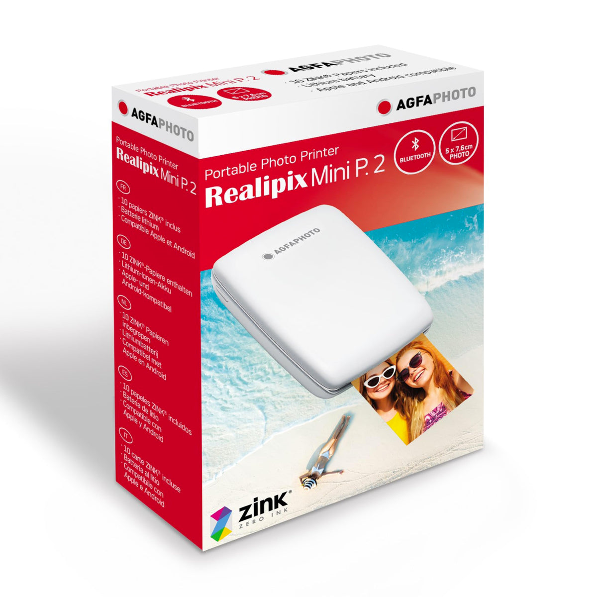AGFA PHOTO Mini P.2 - Imprimantă Portabilă Zink pentru Fotografii Instantanee, Format 5x7,6 cm, Conexiune Bluetooth, Compatibilă iOS/Android, 10 Foi Zink Incluse - Alb - IMPRIMANTE