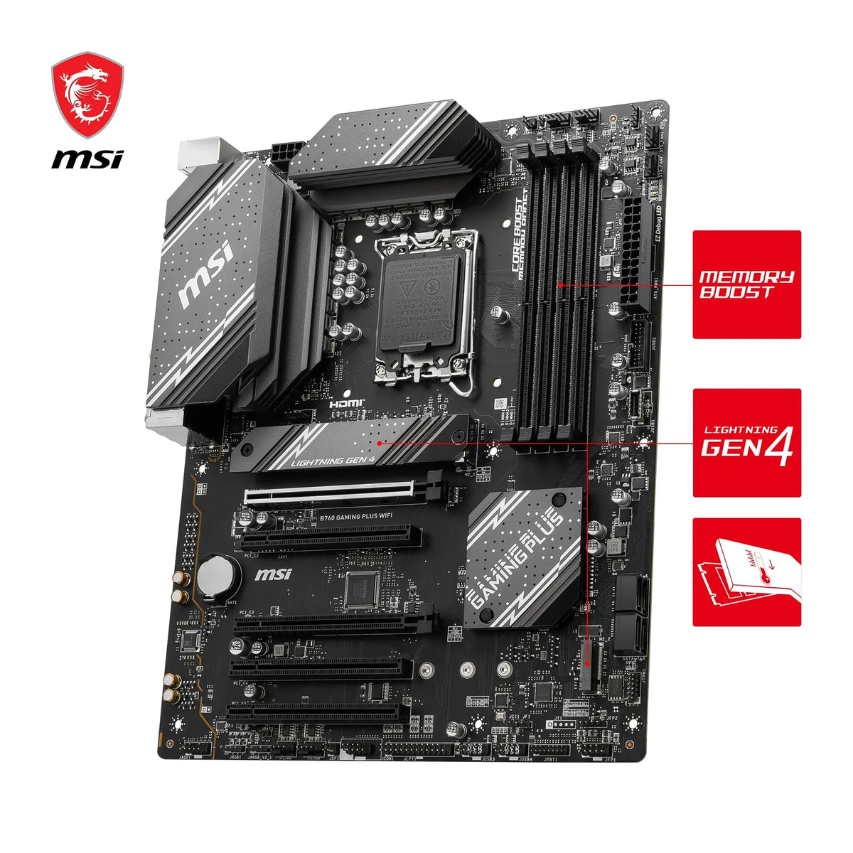 MSI B760 Gaming Plus WiFi Motherboard, ATX - Supports Intel Core processors of the 14th, 13th, and 12th generation, LGA 1700 - DDR5 6800+MHz/OC, 2 x PCIe 4.0 x16, 2 x M.2 Gen4, 2.5G LAN, Wi-Fi 6E - 7D98-007R