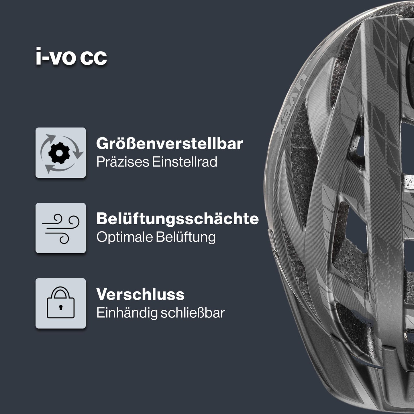 uvex i-vo cc - Lightweight all-round helmet for men and women - individual size adjustment - matt black smoke - 52-57 cm - S4104231115
