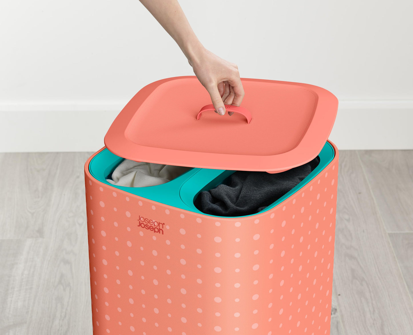 Joseph Joseph Tota Pop - 60 Liter Laundry Hamper with Lid, 2 Removable Laundry Bags with Handles - Coral/Green - 50026