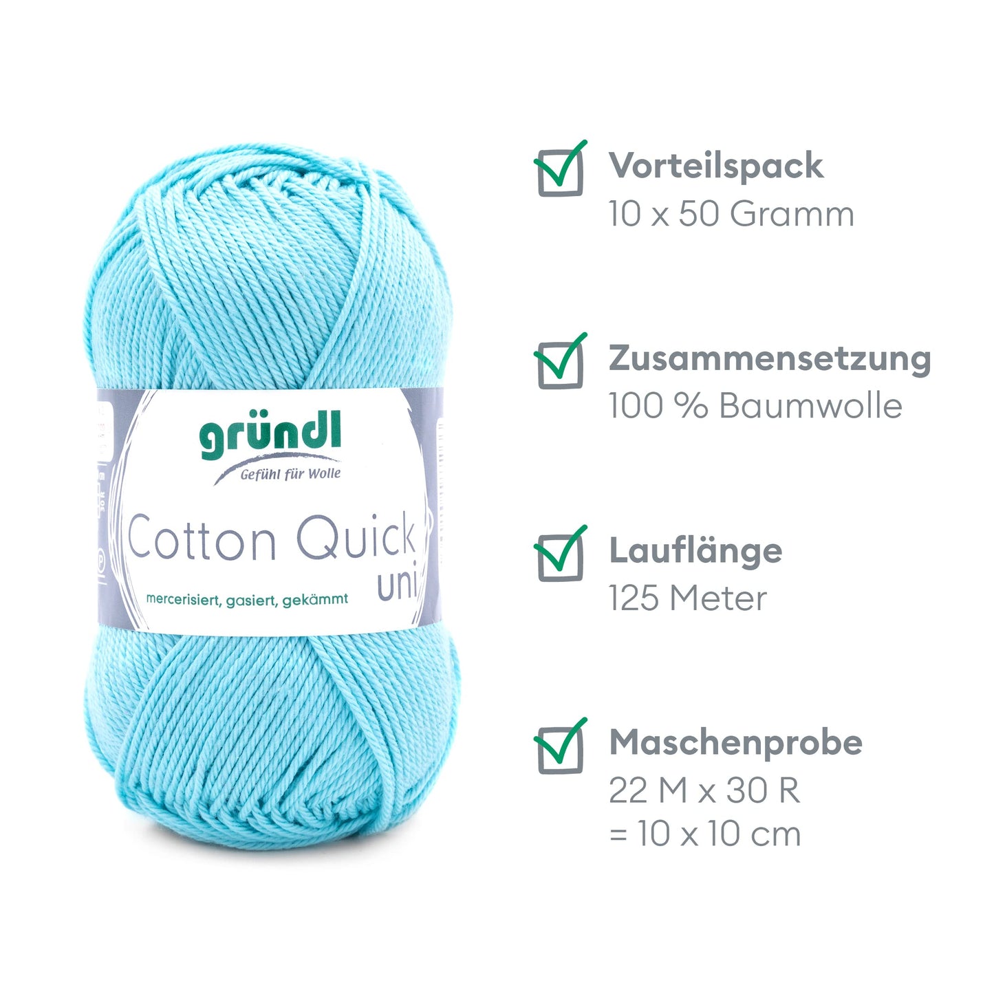 Gründl Wolle Cotton Quick uni - thin wool for crocheting - knitting yarn - crochet yarn - shiny and skin-friendly - 100% cotton - 10 balls 50 g / 125 m - needle size 3-4 - baby blue - 865-141