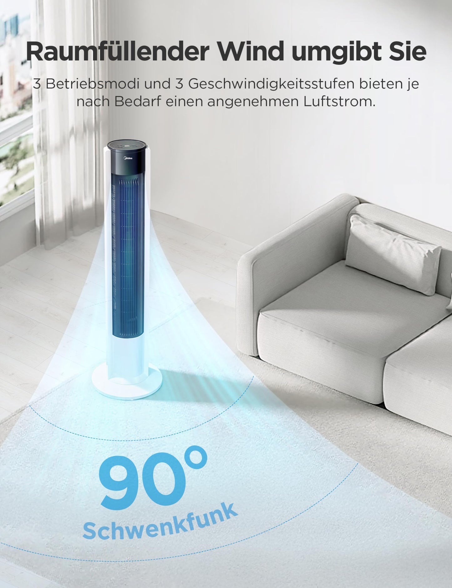 Midea FZ10-19BRA tower fan, robust copper motor, internal air supply, remote control, 7 hour timer, touch and control panel display, three modes and three speeds to choose from