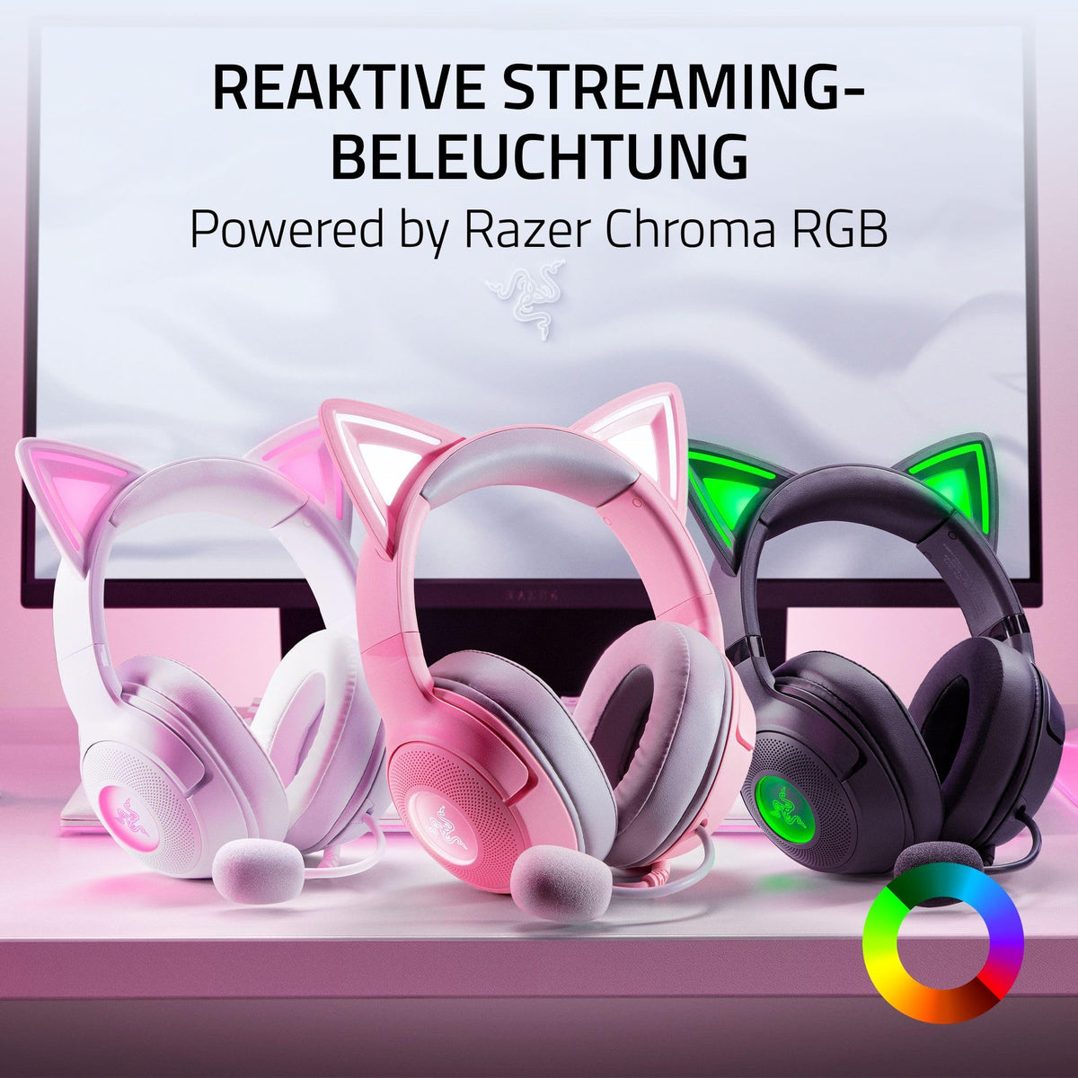 Razer Kraken Kitty V2 - Wired RGB headset with kitty ears for gaming and streaming (325 g, Triforce 40 mm drivers, HyperClear cardioid mic, surround sound) White - RZ04-04730600-R3M1