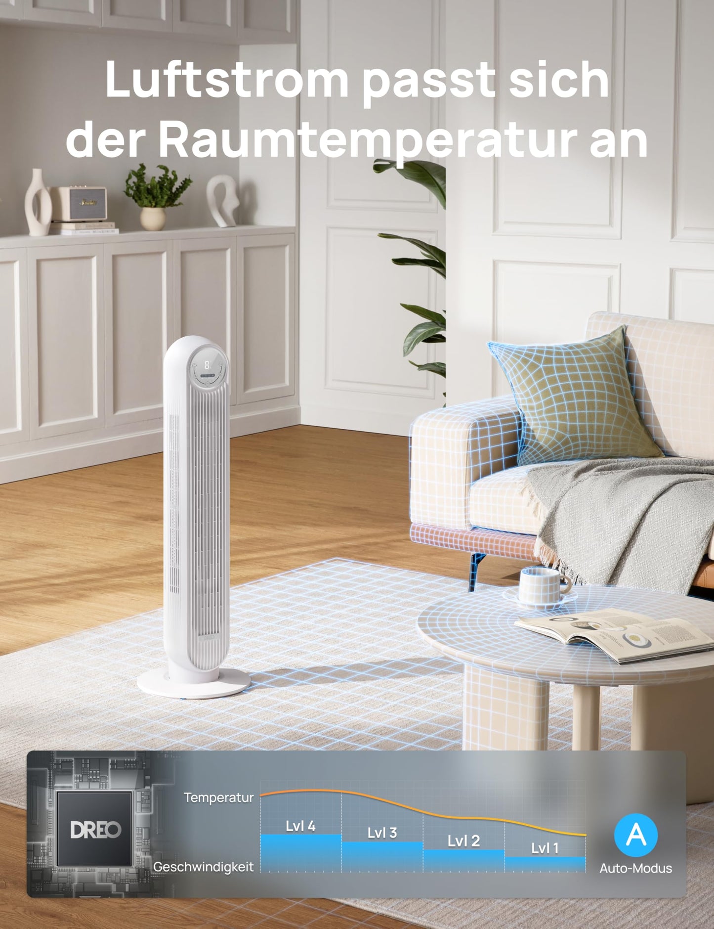 DREO 20dB Quiet Tower Fan, 10m Throw 4 Speed Levels 4 Modes 8 Hour Timer 90° Oscillating Fan with Cooling Remote Control for Bedroom, Nomad One, White - DR-HTF007