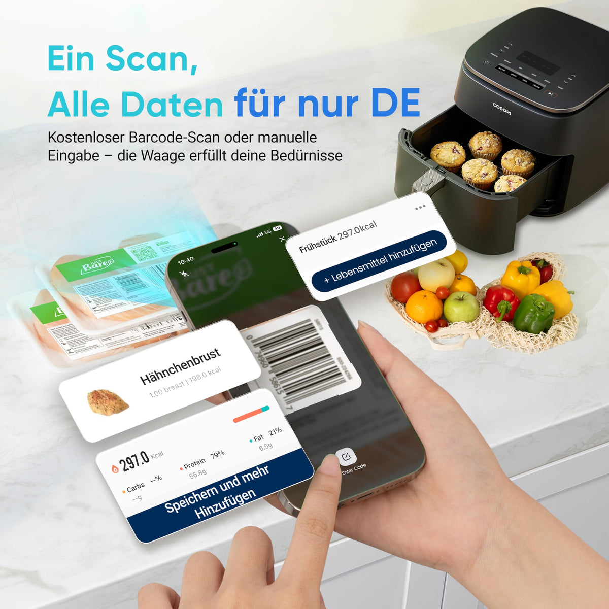 Cosori Stainless Steel Digital Kitchen Scale, Kitchen Scale with APP Nutritional Calculation - CNS-R101S