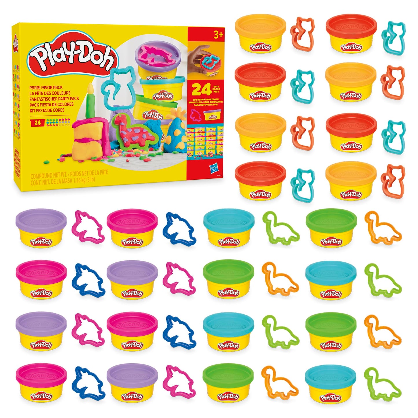 Play-Doh Fantastic Party Pack, 24 cans of modeling clay, each 56 grams in 4 colors, plus 24 matching cutters, great to bring along or share with children aged 3 and over - F9822