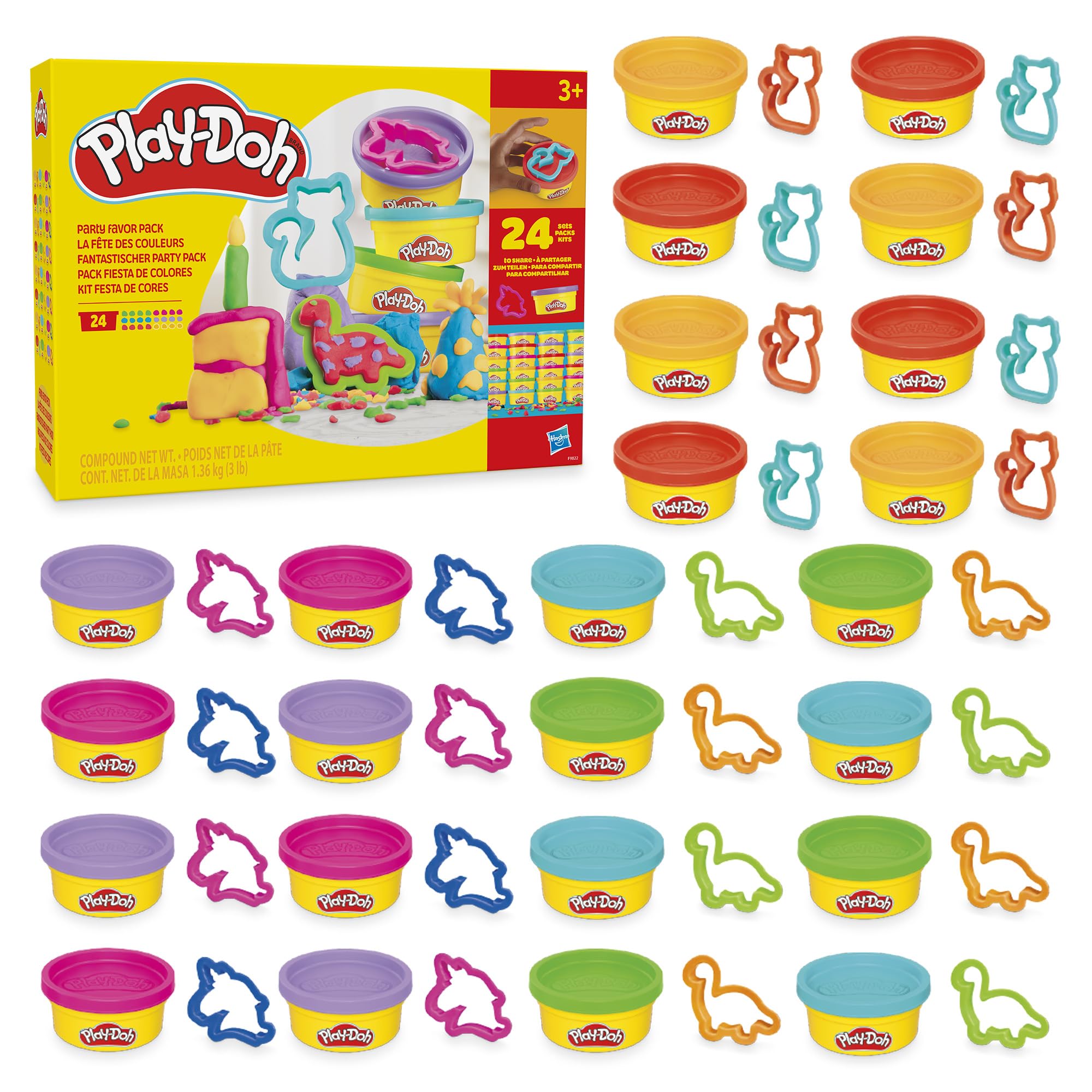 Play-Doh Fantastic Party Pack, 24 cans of modeling clay, each 56 grams in 4 colors, plus 24 matching cutters, great to bring along or share with children aged 3 and over - F9822