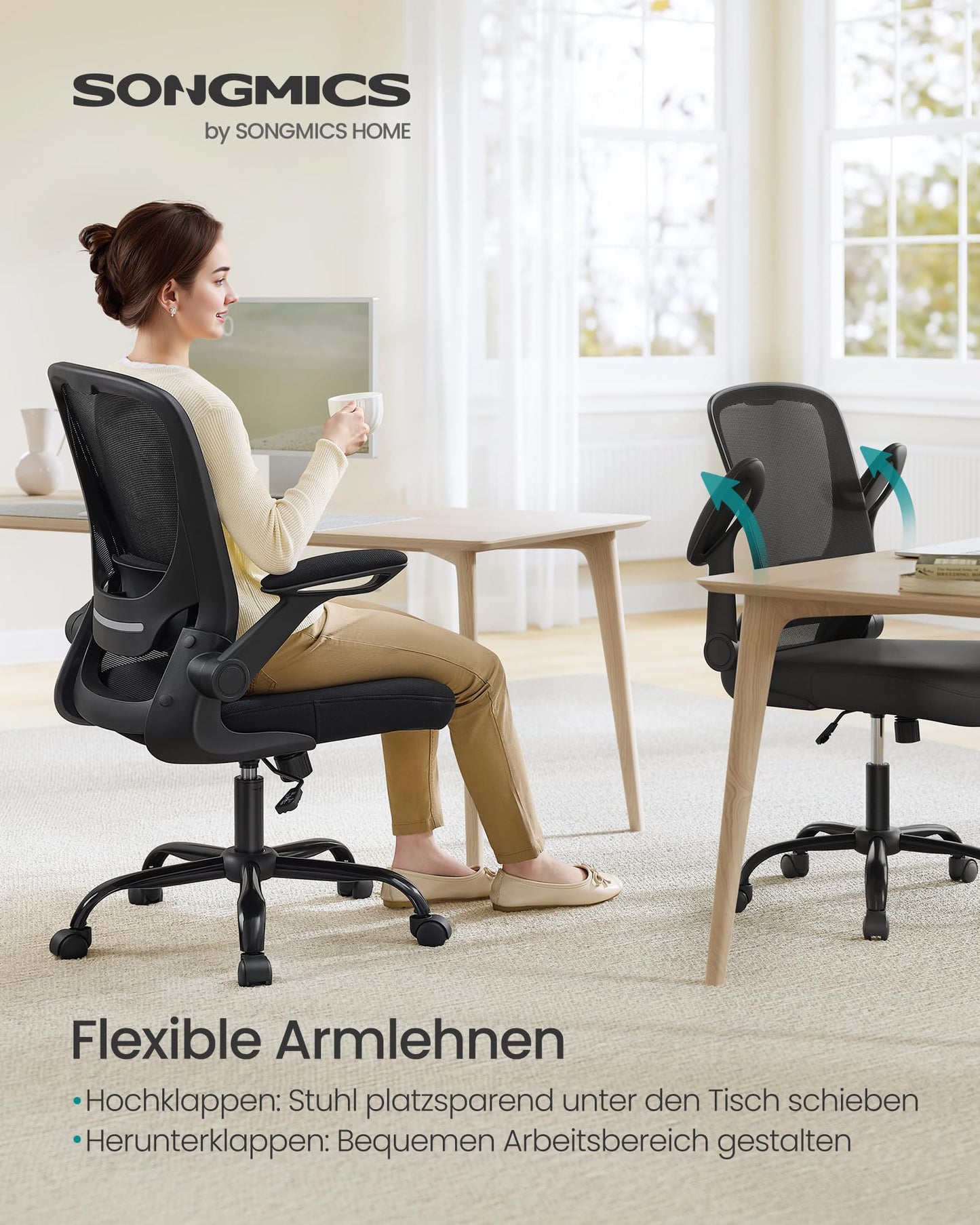 SONGMICS ergonomic office chair, swivel chair with mesh, lumbar and headrest, rocker function, 53 cm seat, folding armrests, study and bedroom, students, black OBN37BK