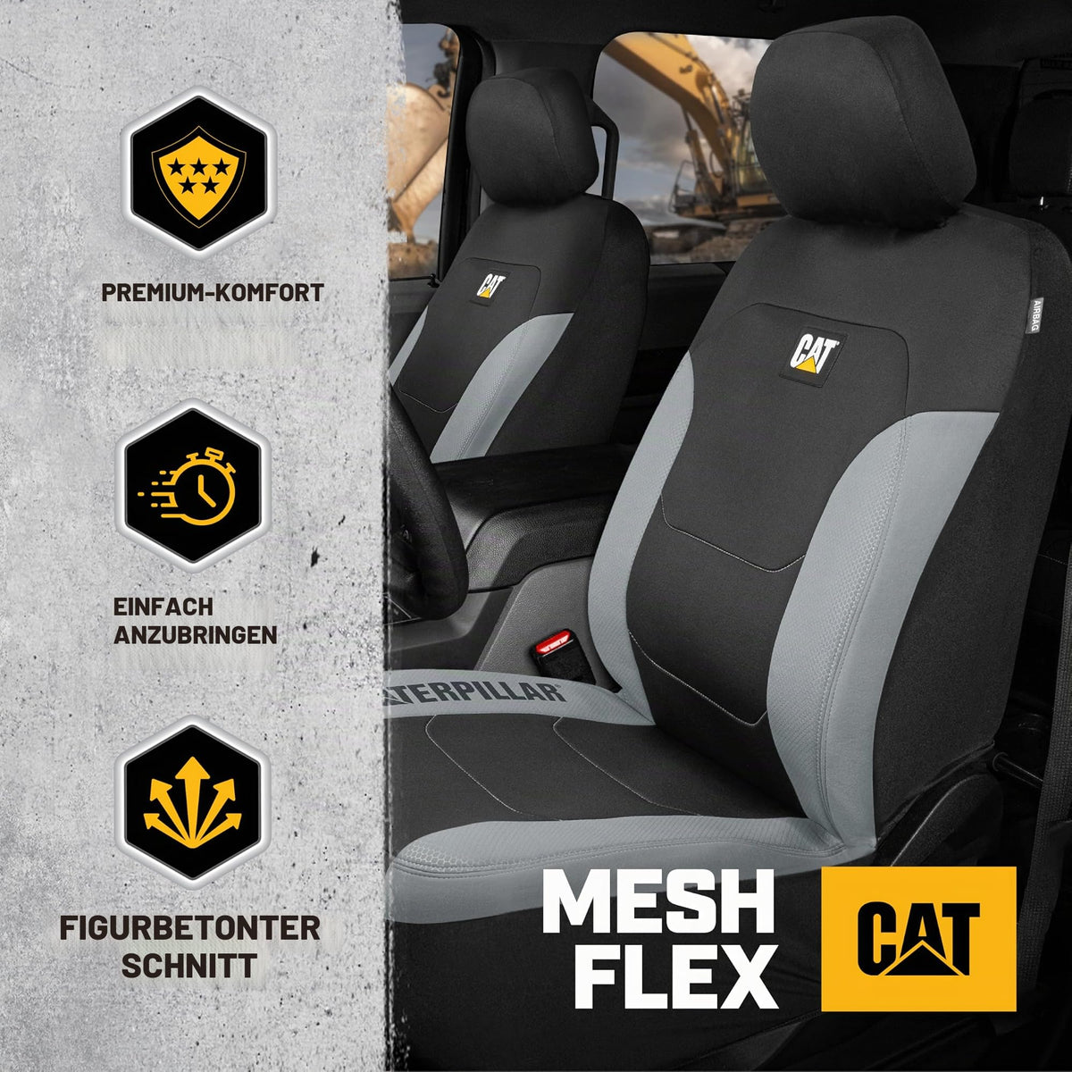Caterpillar Flexfit Huse de scaun auto pentru autoturisme, camioane și SUV-uri, negru, huse pentru scaunele din față, protecții pentru scaune cu detalii în gri, huse interioare auto, set de 2. - CASC-2274-GR