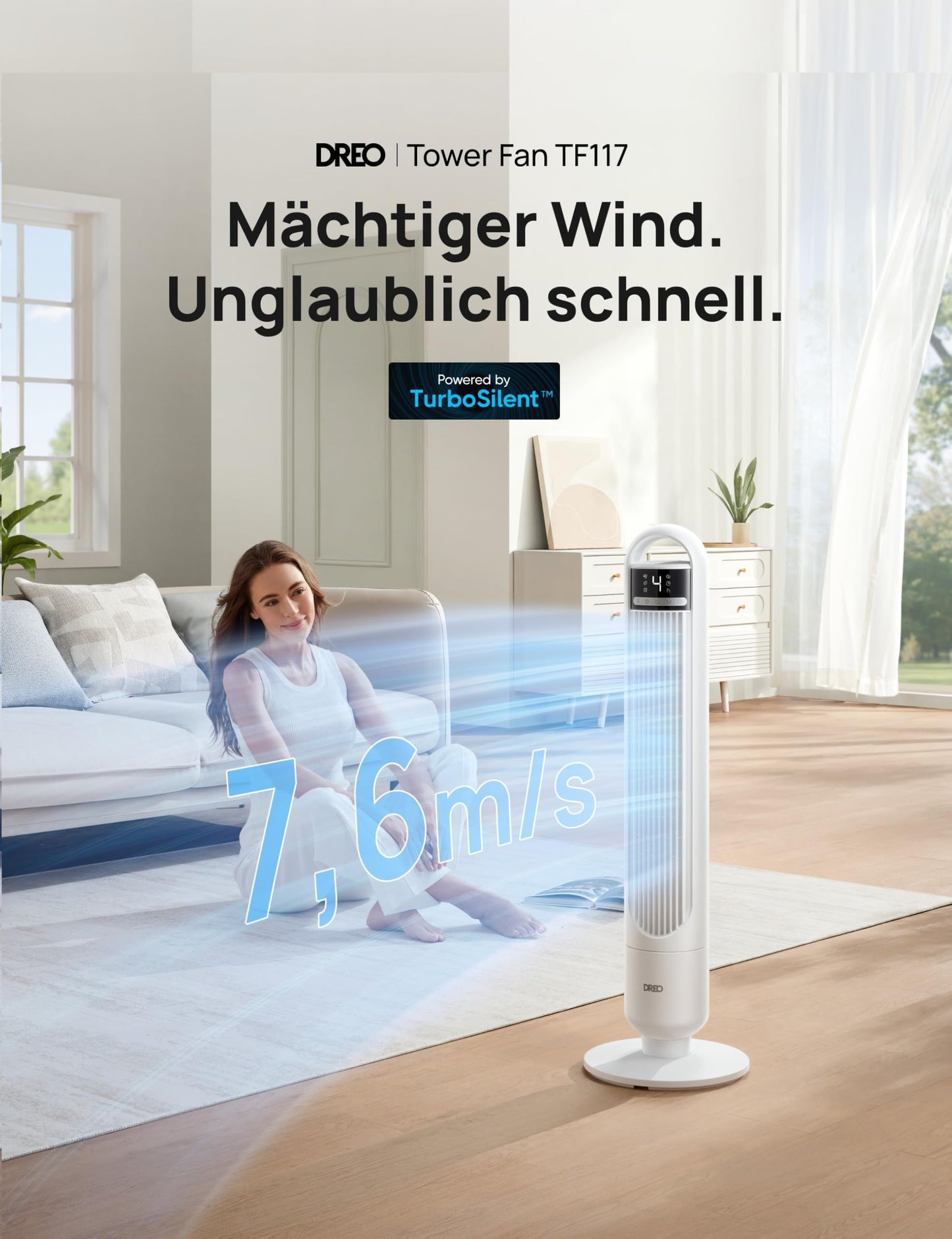 DREO Quiet Tower Fan, Fan with Cooling, Remote Control for Bedroom, Tower Fan with 4 Speeds, 3 Modes, 9.8m Wind Range, 8H Timer, 90° Oscillating for Living Room - DR-HTF017