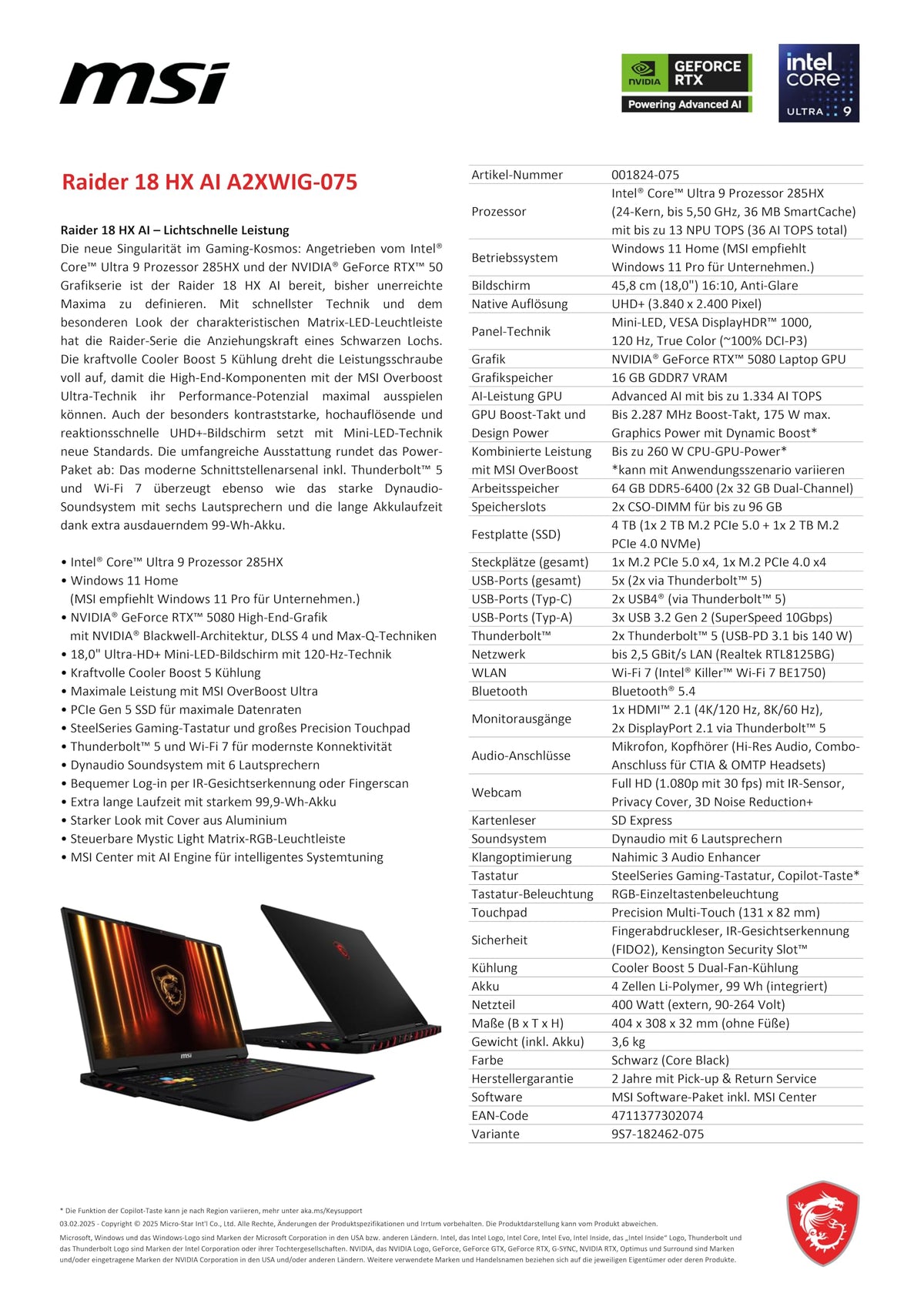 MSI Raider 18 HX AI Gaming-Laptop, Display Mini-LED UHD+ de 18", Intel Core Ultra 9, NVIDIA GeForce RTX 5080, 64 GB RAM DDR5, SSD de 4 TB, Windows 11 Home, Tastatur QWERTZ, Negru, A2XWIG-075 - 001824-075