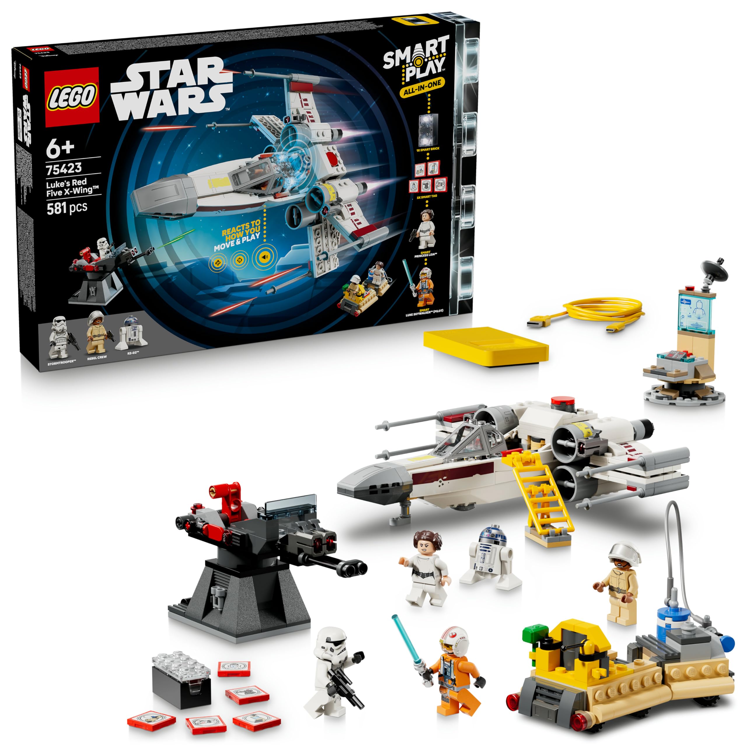 LEGO Star Wars 75423 SMART Play: Luke's Red Five X-Wing - Interactive all-in-1 playset with SMART Brick, 5 tags, 2 minifigures & charger - gift for boys, girls from 6 years and adults