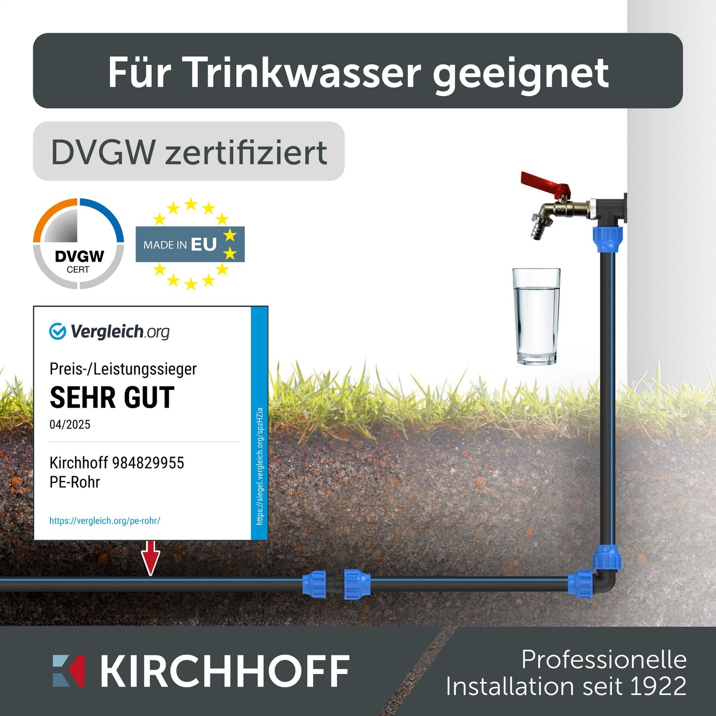 Kirchhoff water pipe for garden irrigation 25 mm x 50 m | PE pipe for sprinkler system | Installation pipe HDPE | DVGW | Drinking water pipe | Made in EU - 984829855
