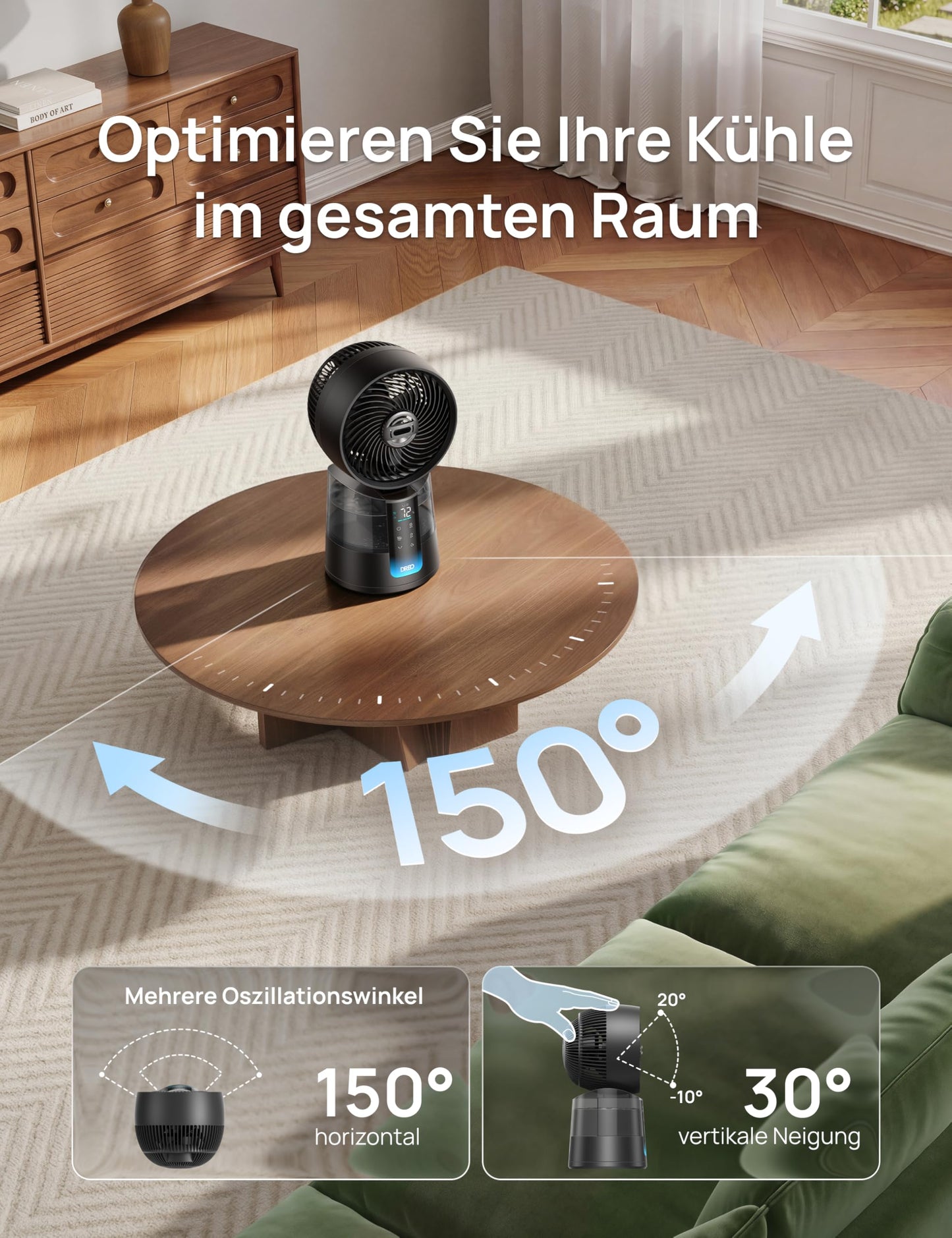 DREO TurboCool Mist Fan 516S, table fan with 150°+30° oscillation, evaporative cooler, 7.9 m/s, ultra-fine mist, 20 dB quiet, 6 speeds, 2 modes, app & remote control, RGB, gray - DR-HEC006S