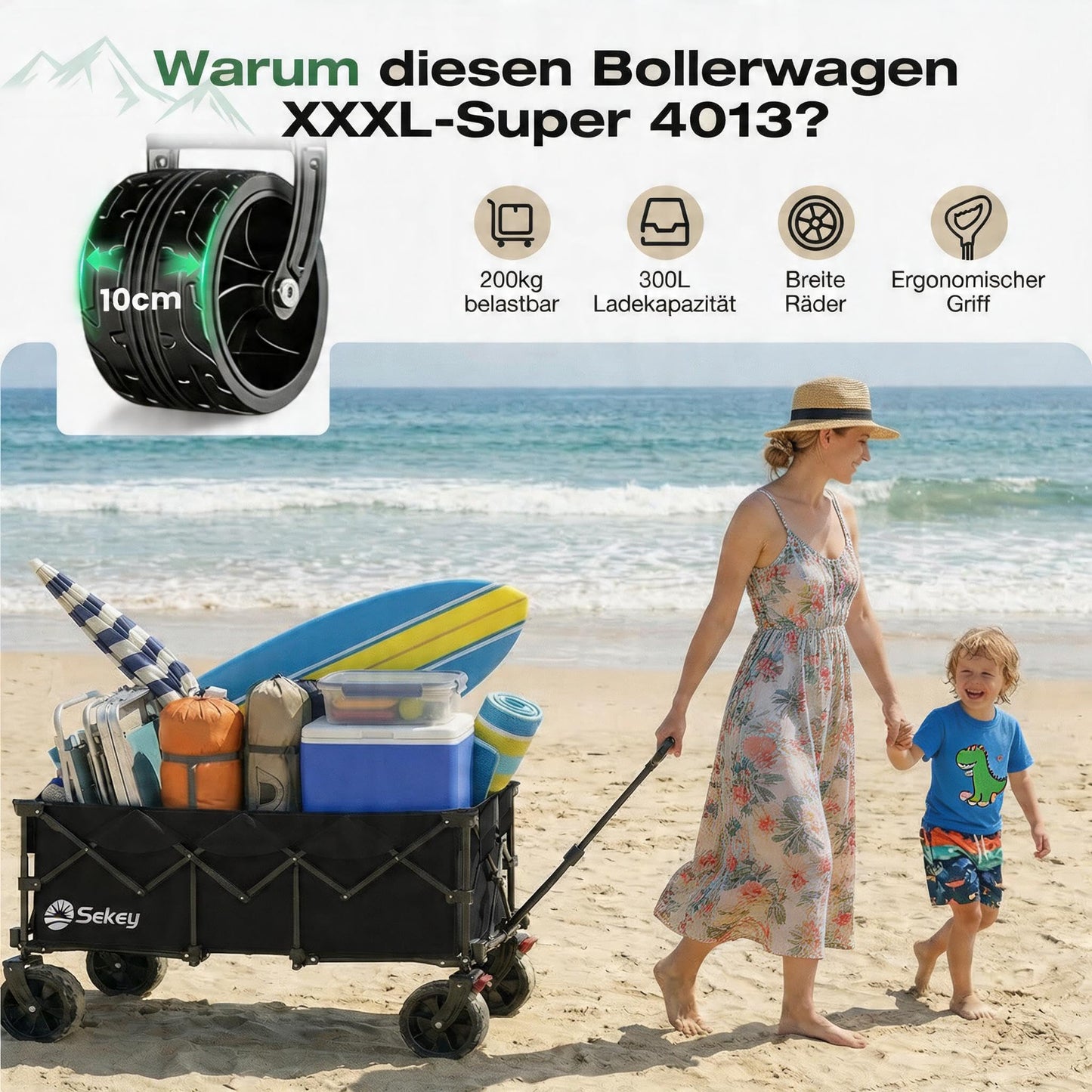 Sekey XXXL Handcart Foldable 300L 200KG Heavy Duty, Extended Folding Handcart with Extra Width 17x10 cm All-Terrain Wheels Handcart, Patented 4-Way Instant Assembly Transport Cart, Black - 4013