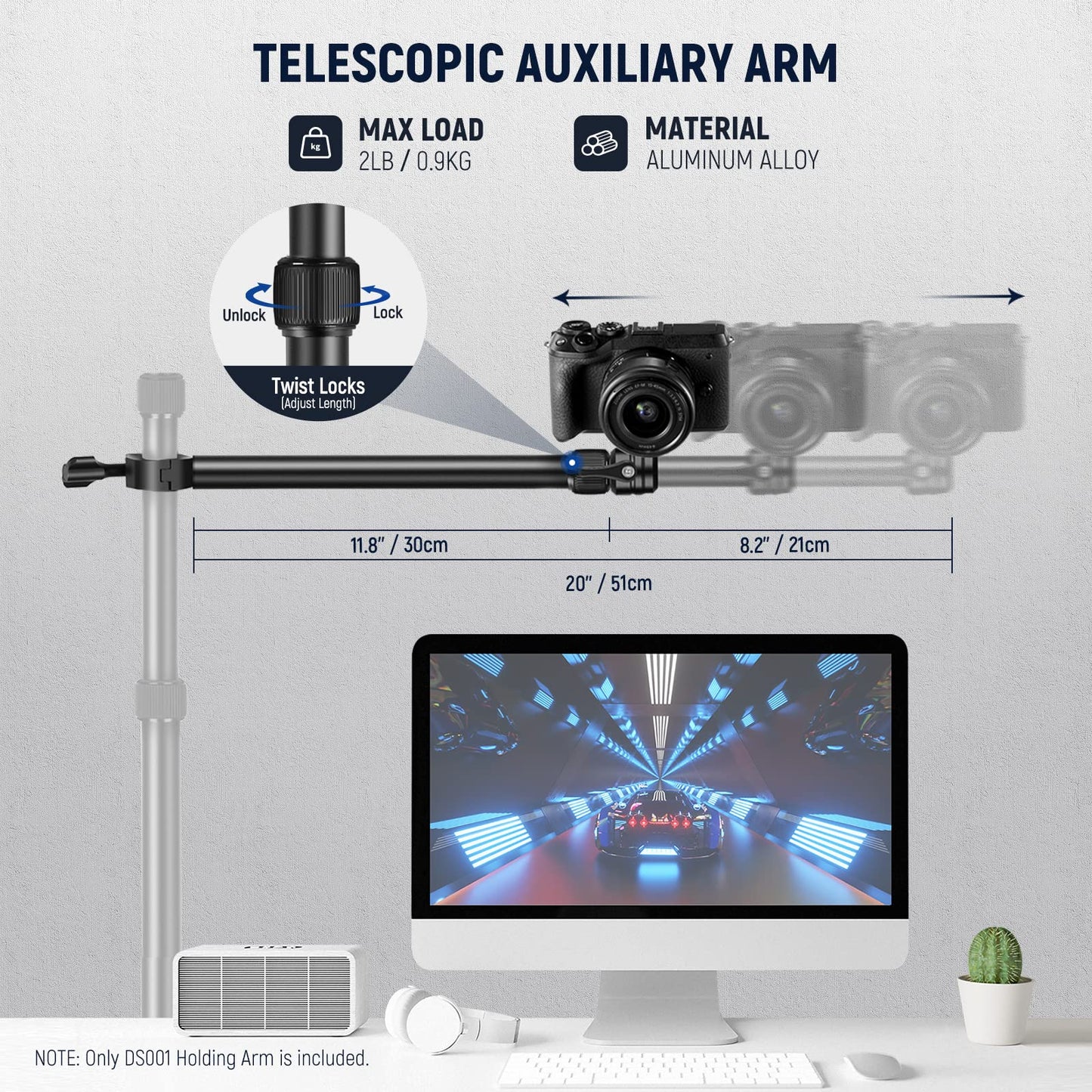 NEEWER Table Overhead Camera Mount Arm, 11.8"-20"/30-51cm Telescopic Extension Arm for Table Stand with Ball Head Mount 1/4" 3/8" 5/8" Screws for Webcam Camera LED Ring Light Microphone,DS001 - 10101938