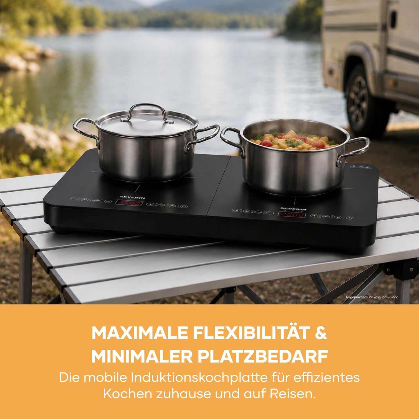 Severin induction hob, 2 plates, 10 power levels, temperature range 60-240°C, touch display, matt hotplates, less prone to scratches, glass ceramic hobs, black, 3,400 W, DK 1028