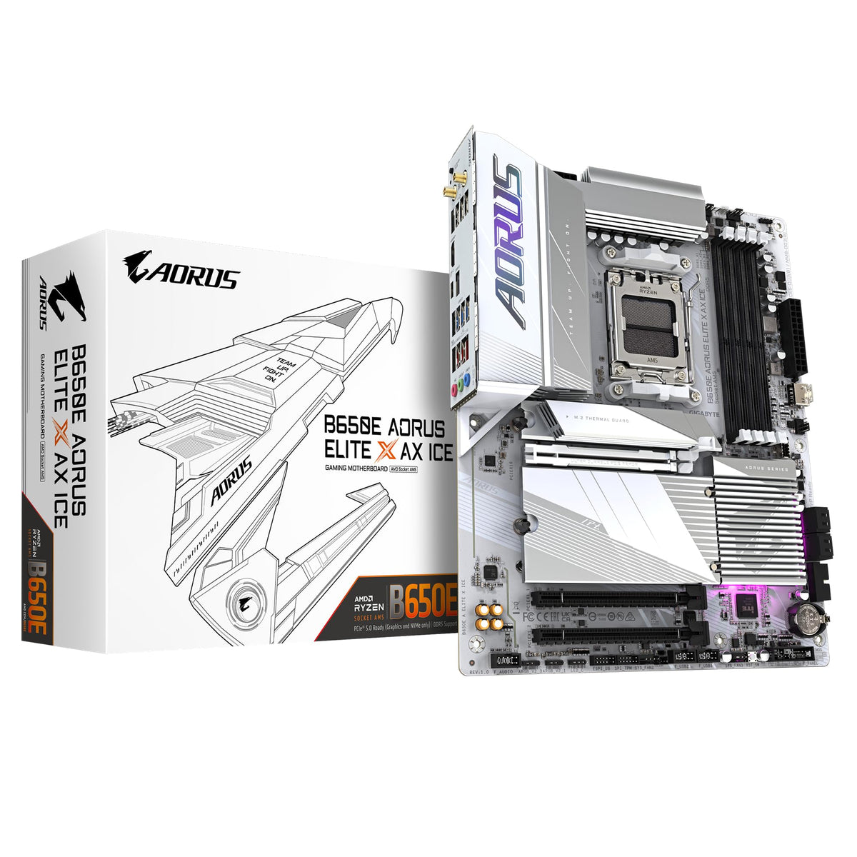 GIGABYTE B650E AORUS Elite X AX Ice Mainboard - AMD Ryzen 9000 Series, 12+2+2 Phase VRM, up to 8000 MHz DDR5 (OC), 1x PCIe 5.0 + 2x PCIe 4.0 M.2, 2.5 GbE LAN, WiFi 6E, USB 3.2 Gen 2
