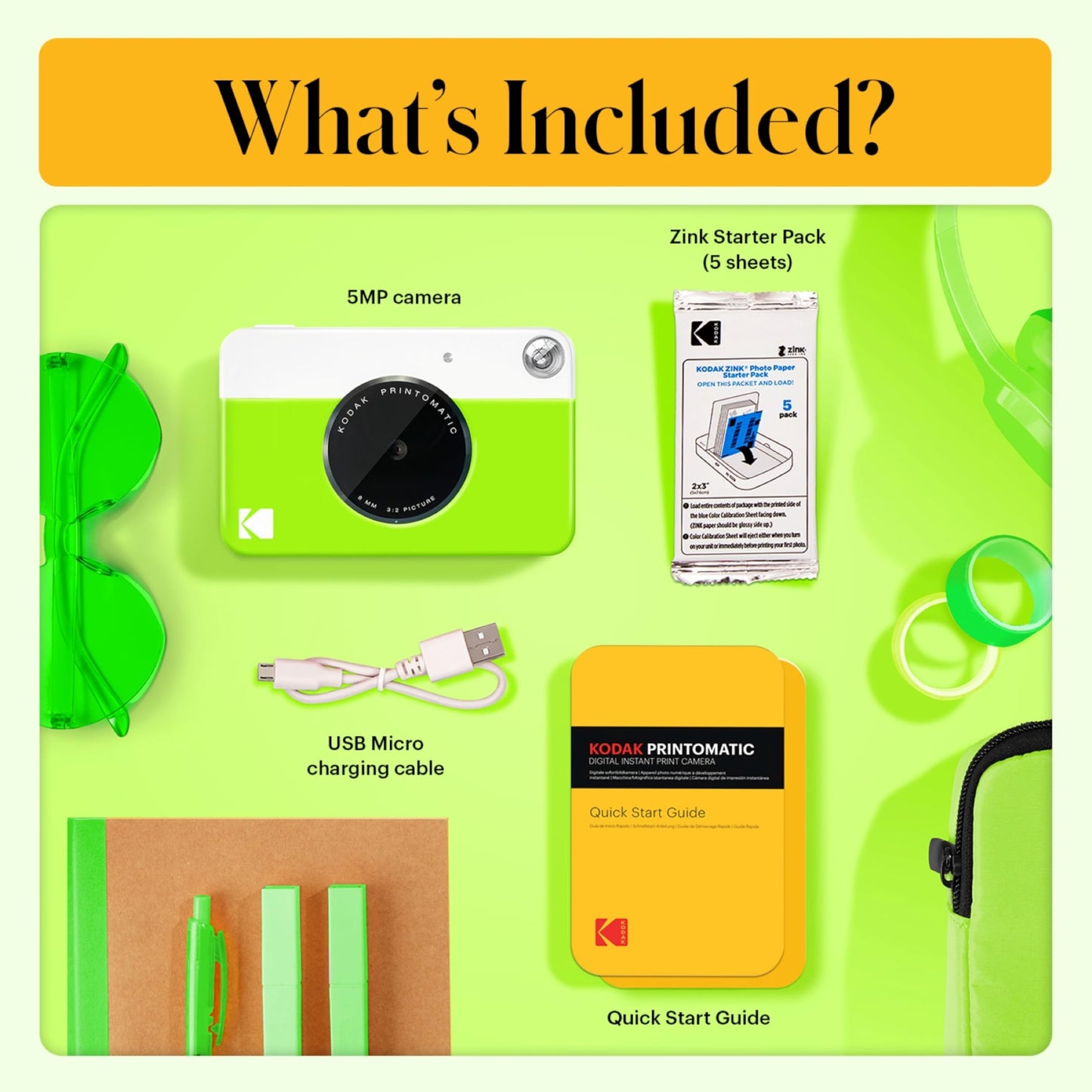 Kodak Printomatic Instant Camera - 75 Sheet Package - 5MP - Zinc 2x3 Photos - Portable - Green - AMZNBRODMATGN