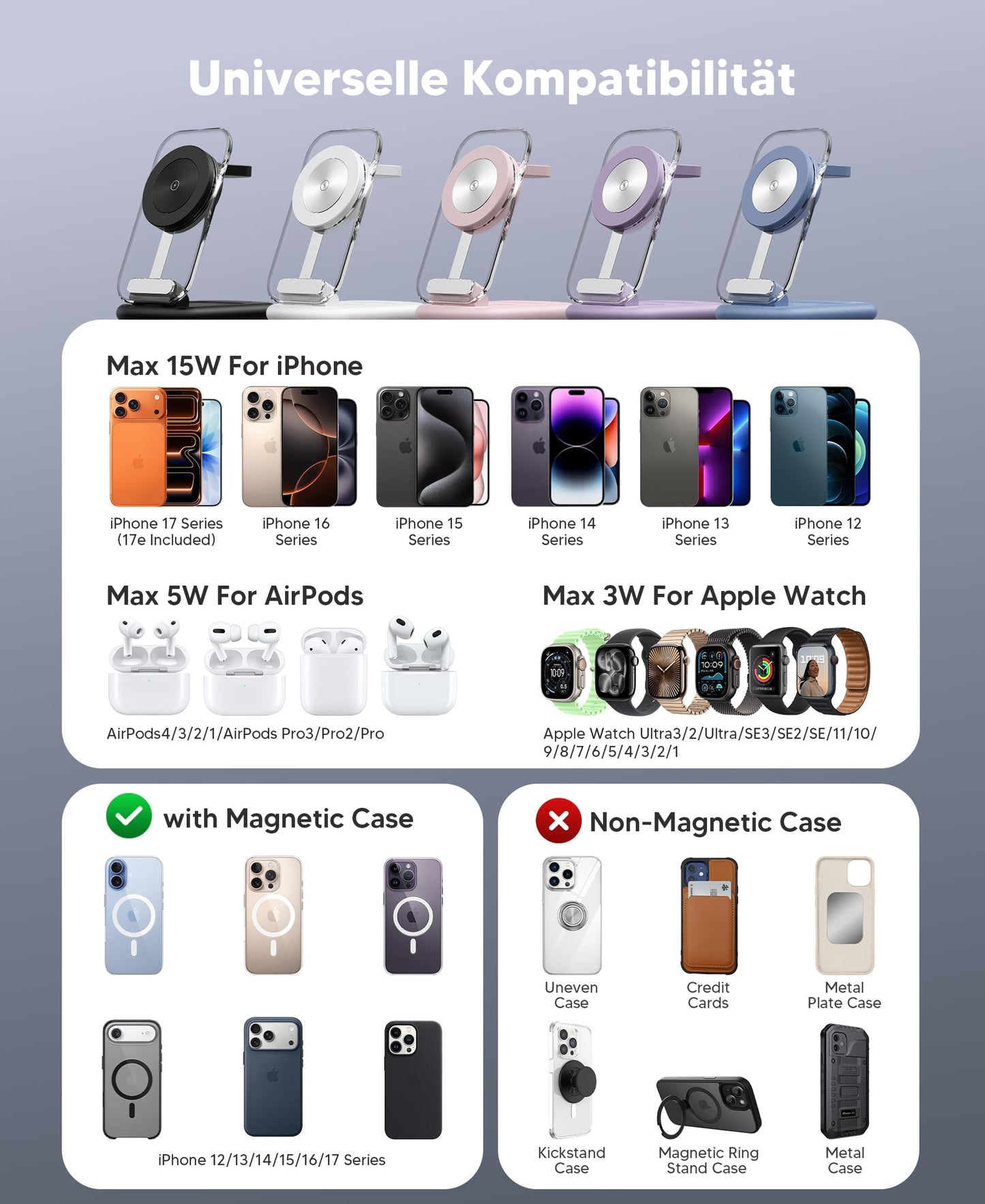 Mag-Safe Charger Wireless Charger, 3 in 1 15W Wireless Charger, Inductive Charging Station for iWatch iPhone 17e/17/16/15/14/13/12 Series, AirPods 3/2/Pro, Silver Pack of 2 - T618-F
