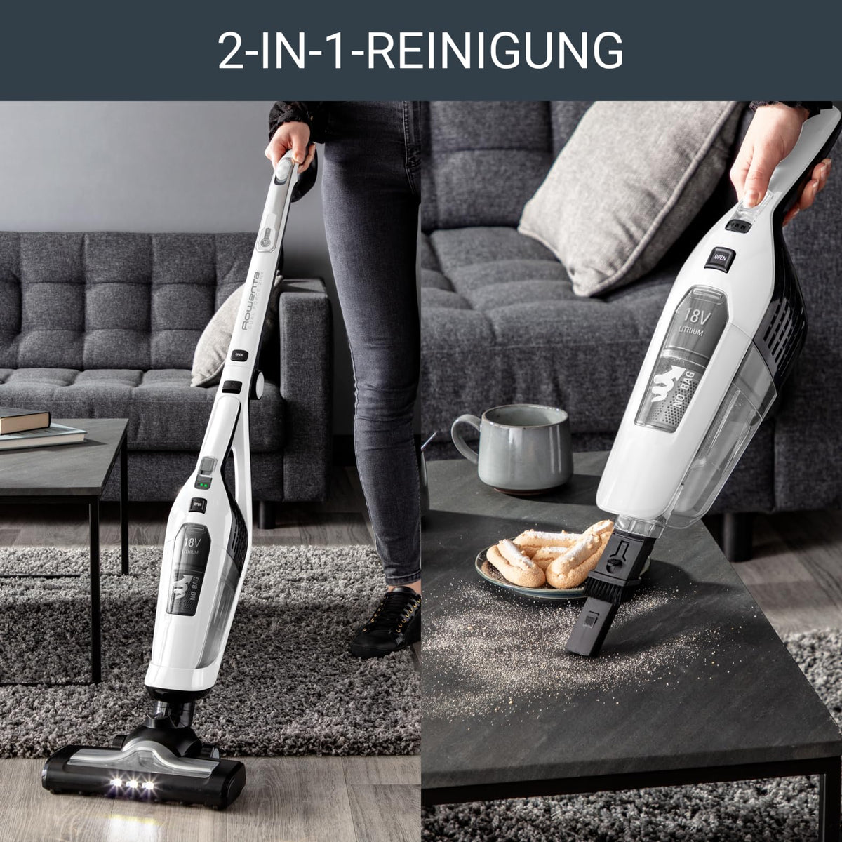 Rowenta RH6737 Dual Force 2-in-1 cordless vacuum cleaner, integrated handheld vacuum, foldable handle, very lightweight – only 2.5 kg, LED lighting, white, 45 min