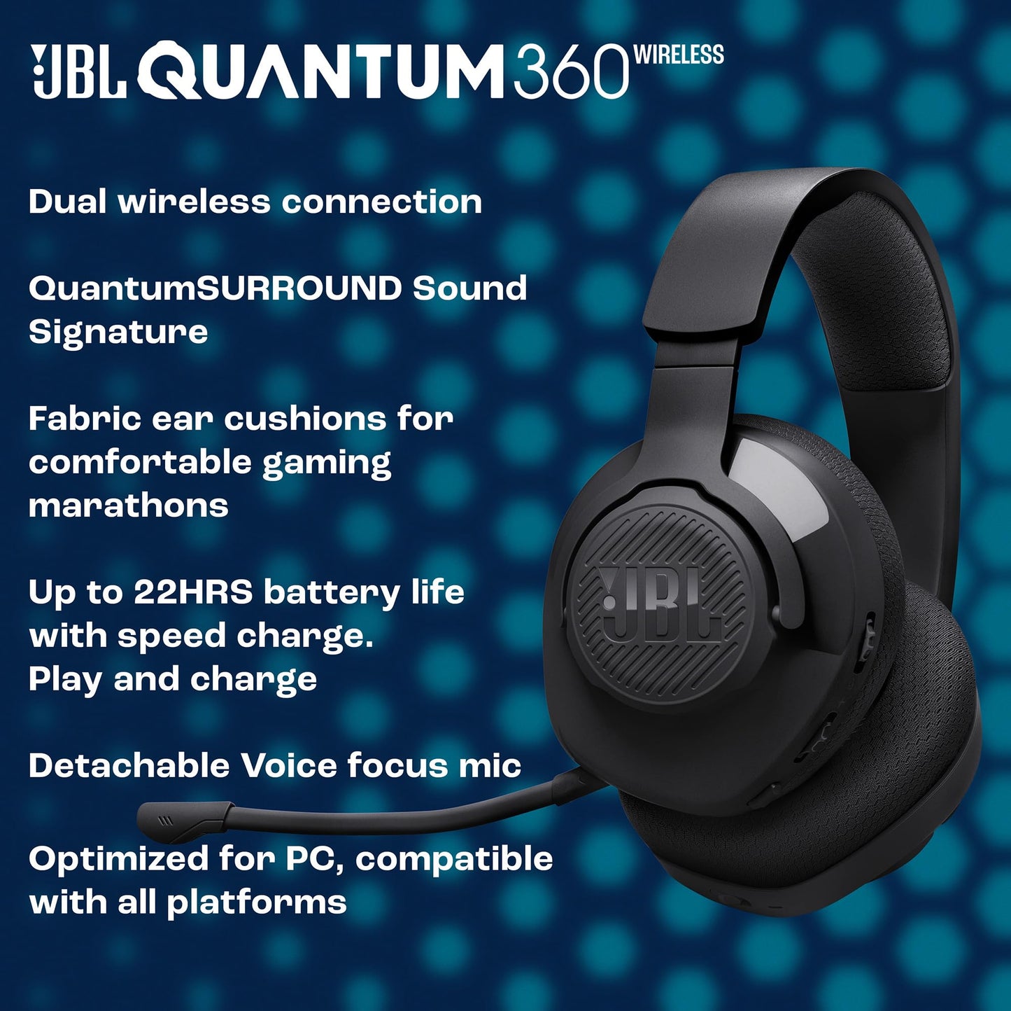 JBL Quantum 360 Wireless Over-Ear Gaming Headphones with 2.4GHz/Bluetooth Dual Wireless Connection, 22-Hour Battery, Multi-Platform Compatibility, Detachable Microphone with Mute, Black - JBLQTUM360BLK