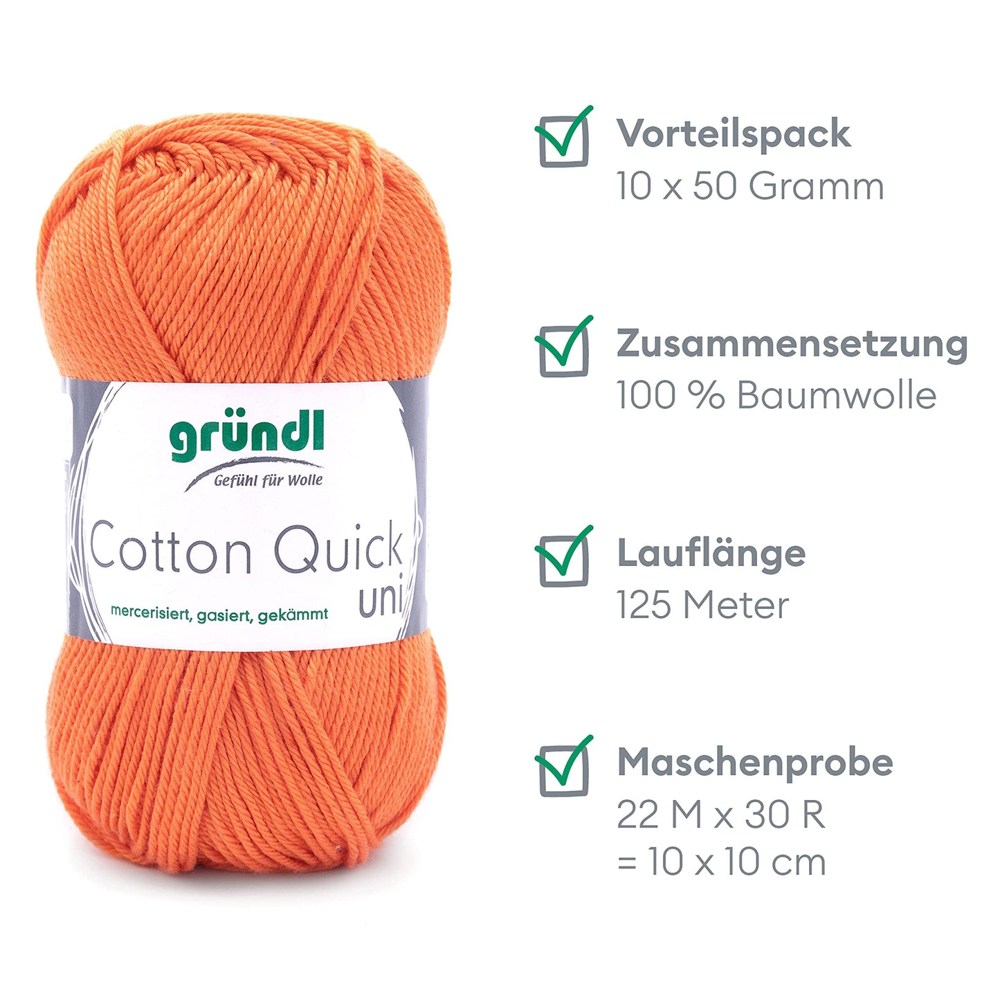 Gründl Wolle Cotton Quick uni - thin wool for crocheting - knitting yarn - crochet yarn - shiny and skin-friendly - 100% cotton - 10 balls 50 g / 125 m - needle size 3-4 - orange 2 - 865-146