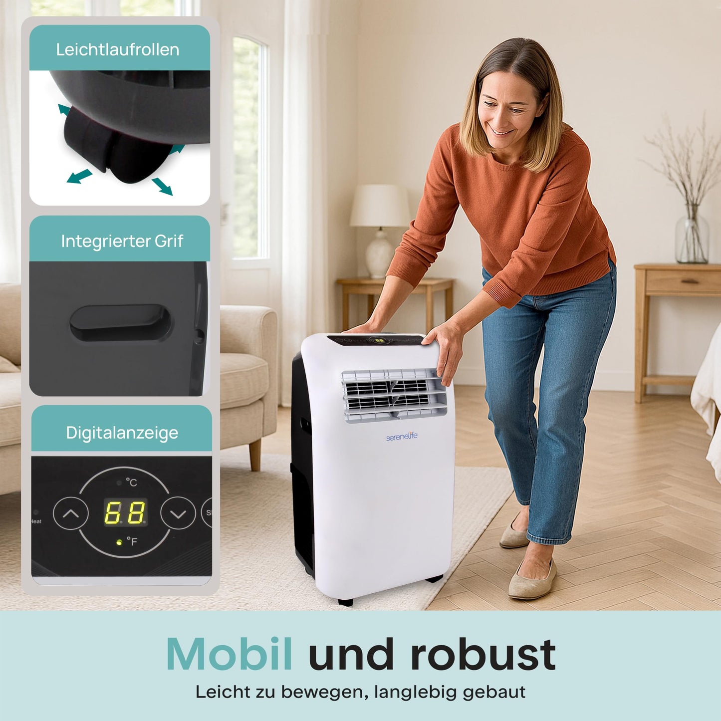 SereneLife Mobile Air Conditioner 4-in-1: Air Cooler, Fan, Dehumidifier + Heater - Portable Air Conditioner with Exhaust Hose, Remote Control & Kit for Rooms up to 42 m² - Window Mounting 9,000 BTU - SLACHT9EU