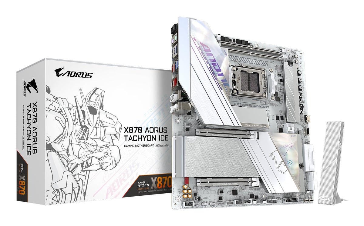 GIGABYTE X870 AORUS Tachyon Ice Mainboard – Supports AMD Ryzen 9000 CPUs, Digital 18+2+2 Phase VRM, up to 9600 MHz DDR5 (OC), 1 x PCIe 5.0 + 2 x PCIe 4.0, Wi-Fi 7, 5 GbE LAN, USB 4
