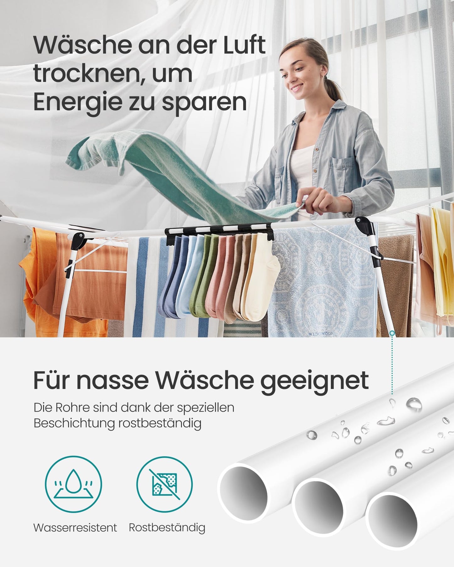SONGMICS Wäscheständer, Standtrockner 52,5 x 173 x 96,5 cm, Flügelwäscheständer, Flügelwäschetrockner platzsparend, mit Sockenhalter, Metall, für Kleidung, Handtücher, Wäsche, weiß LLR518W01