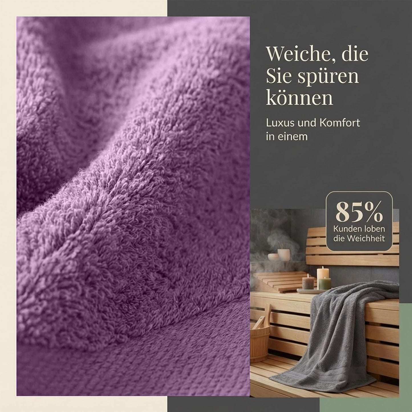 Komfortec 2 sauna towel set 80x200 cm, large sauna towels made of 100% cotton, sauna towels, fluffy and absorbent, quick-drying, anthracite grey/purple - 2er-80x200-anhtrazit-violett