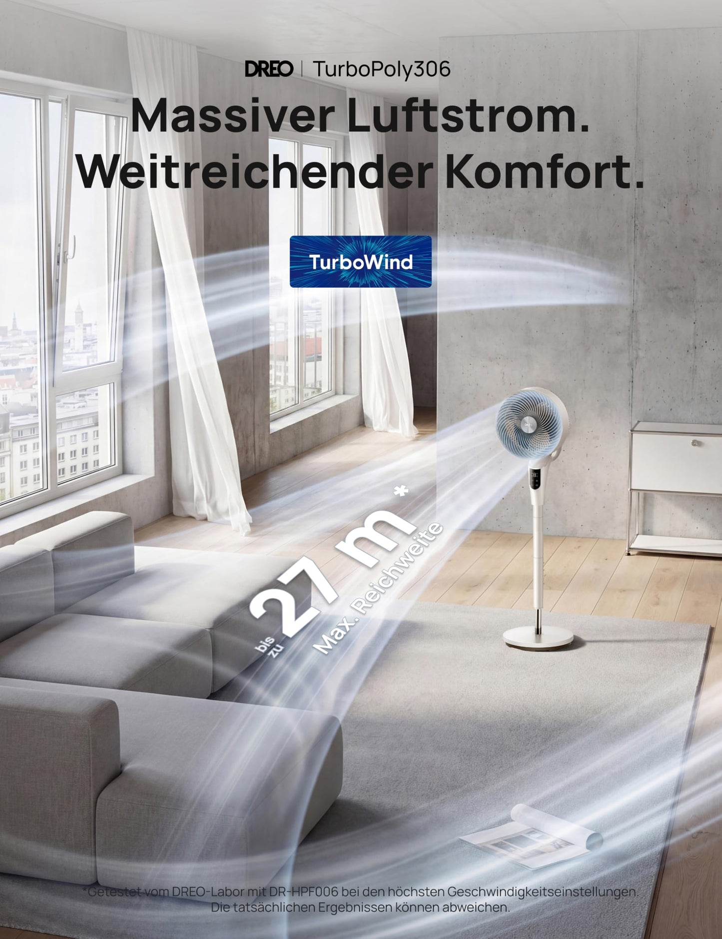 DREO Quiet Stand Fan for Bedroom [Improved], 27m Airflow, Quiet, 90° Oscillating, DC Motor, 8 Speeds, 3 Modes, 96-106cm Height Adjustable, 8H Timer, 105° Manual Tilt - DR-HPF013
