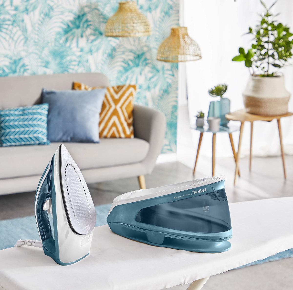Tefal Express Easy Steam Station for all fabrics, quick ironing with high steam output, anti-calc system with removable calc collector, vertical steaming, and automatic shut-off, Turquoise/White. - SV6131