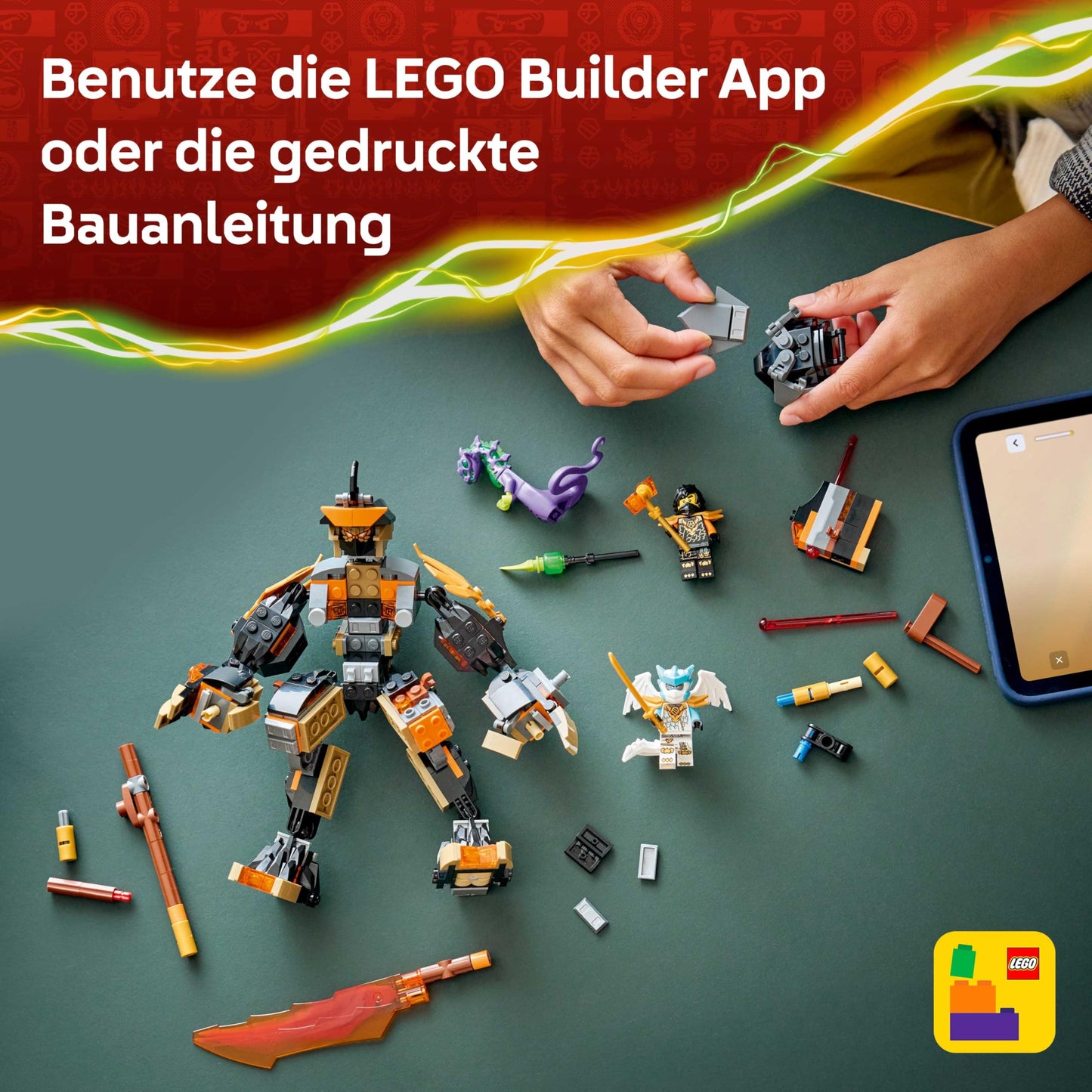LEGO NINJAGO Coles Action Mech and Dragon Zane - Ninja toy for boys and girls - Model building with action figure, 3 minifigures and swords - Gift for children aged 7 and up - 71854