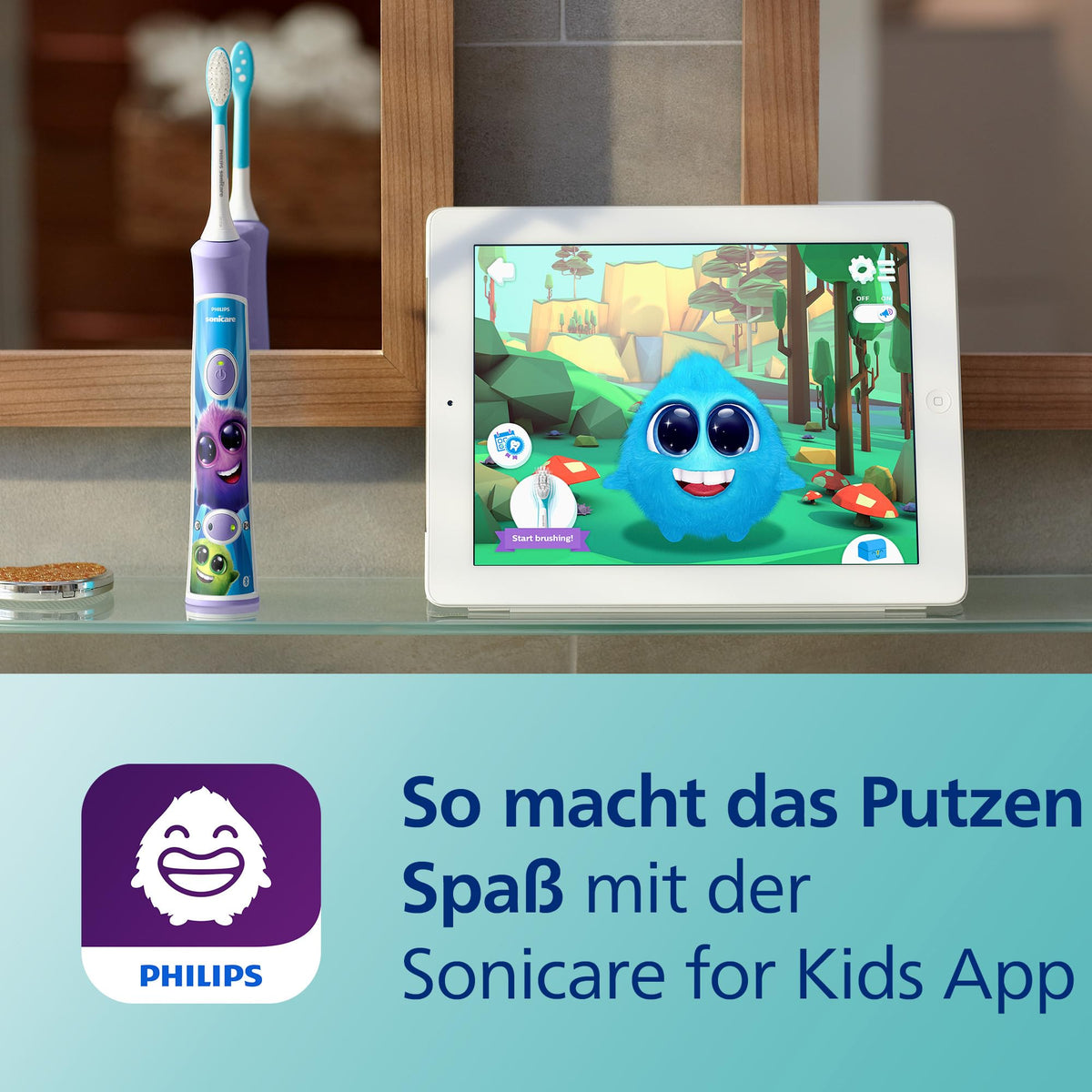 Philips Sonicare For Kids, electric sonic toothbrush with app, for children aged 3 and up, featuring SmarTimer and QuadPacer for thorough cleaning, Purple, Model HX6322/12