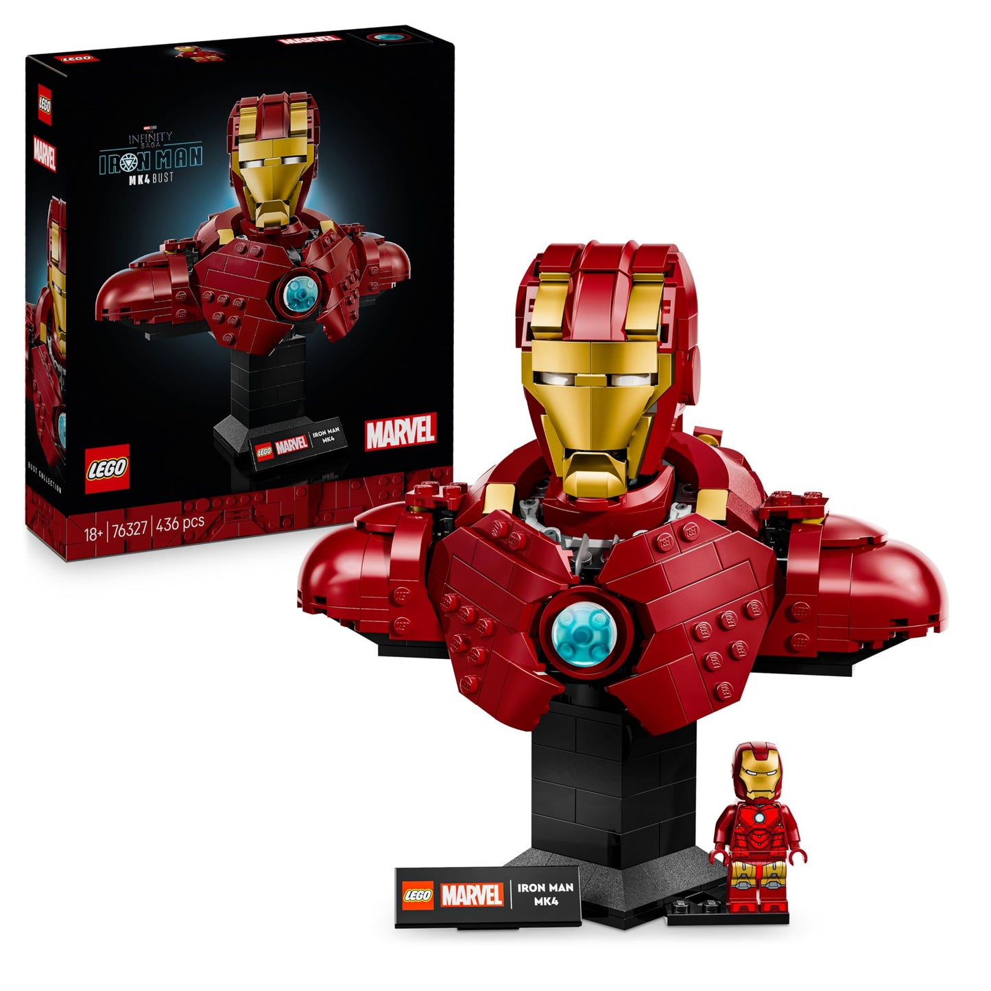 LEGO ǀ Marvel Iron Man MK4 bust - model building for adults - including Tony Stark minifigure as well as shoulder cannons and rotating head - collector's item & Avengers gift for fans - 76327
