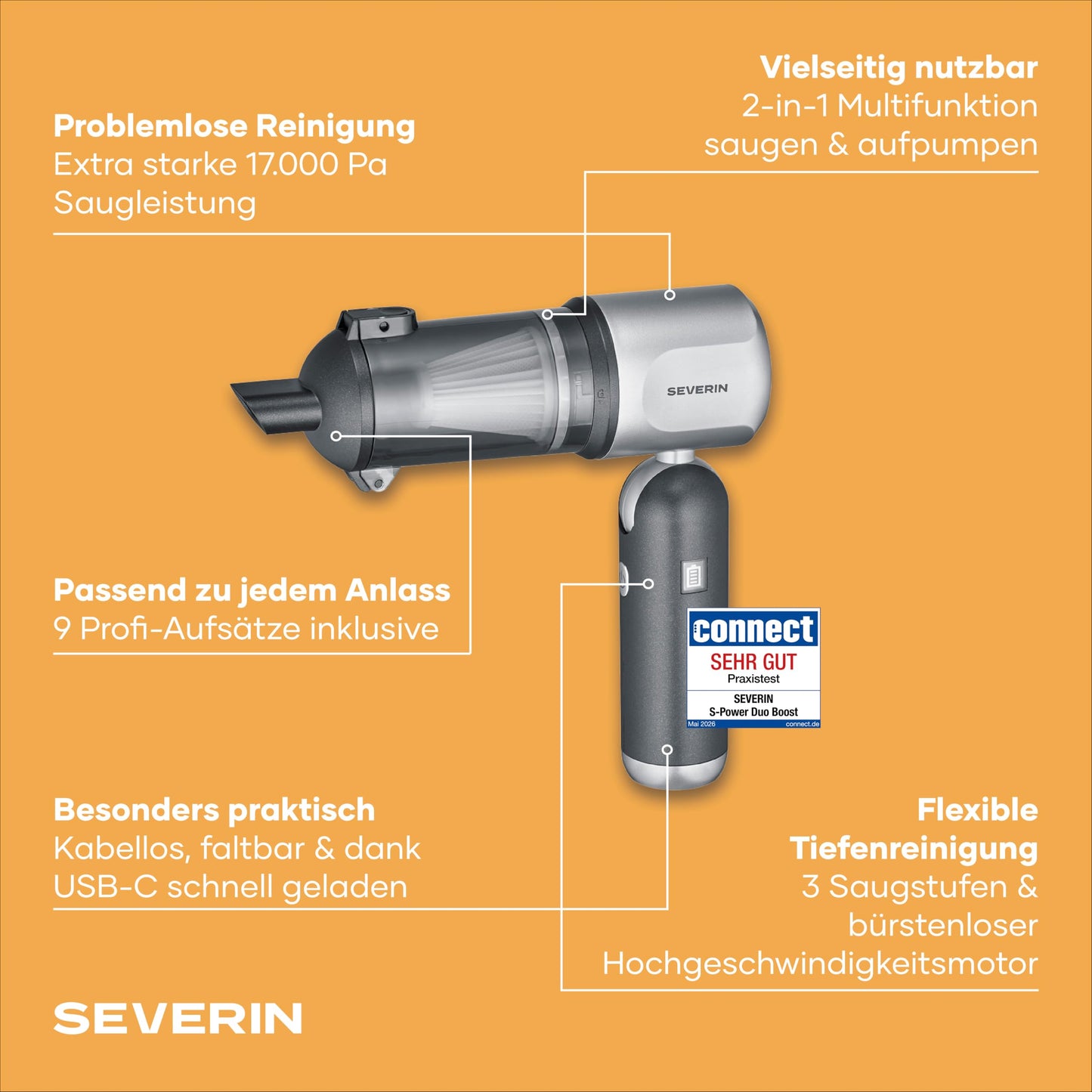 Severin 3-in-1 cordless hand vacuum cleaner, air blower & inflator, dust blower, for air mattresses, cars, household, 3 levels, 17000Pa, wireless, 240000rpm, S-Power Duoboost, 120W, anthracite, HV 7149