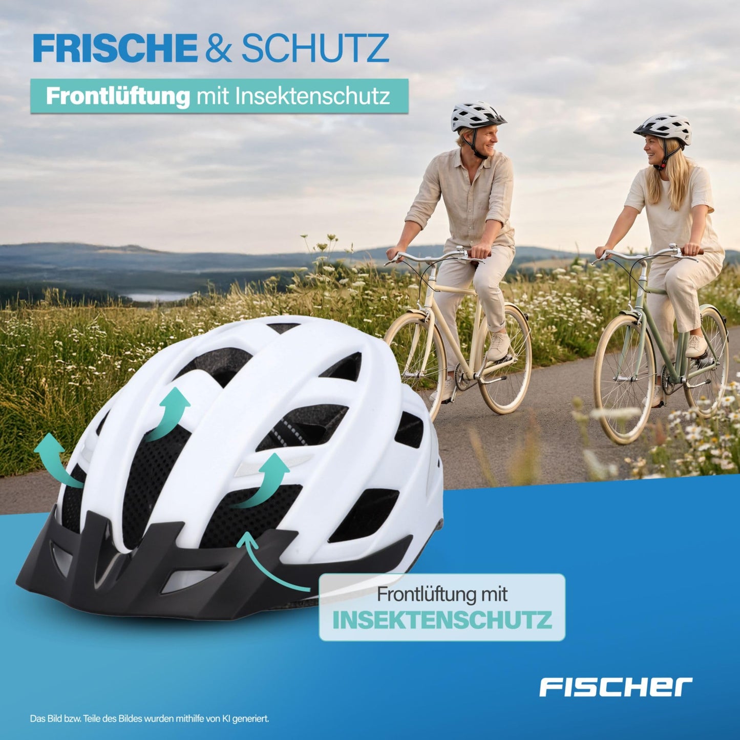 FISCHER adult bicycle helmet, cycling helmet, city helmet Urban Plus Atlanta, S/M, 52-59cm, white, with integrated LED rear light - 50630