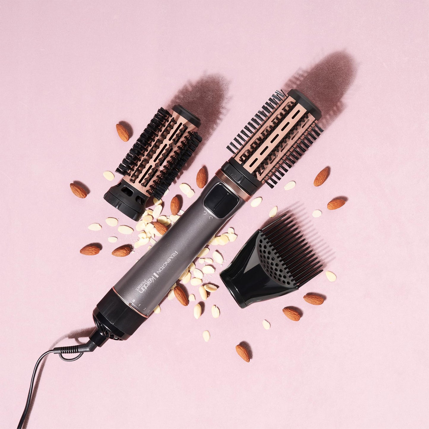 Remington hot air brush rotating [automatic] Keratin Protect (incl. 3 attachments: 2 round brushes + hairline booster for more volume) + hair clips, ceramic coating with almond oil, AS8811, gray
